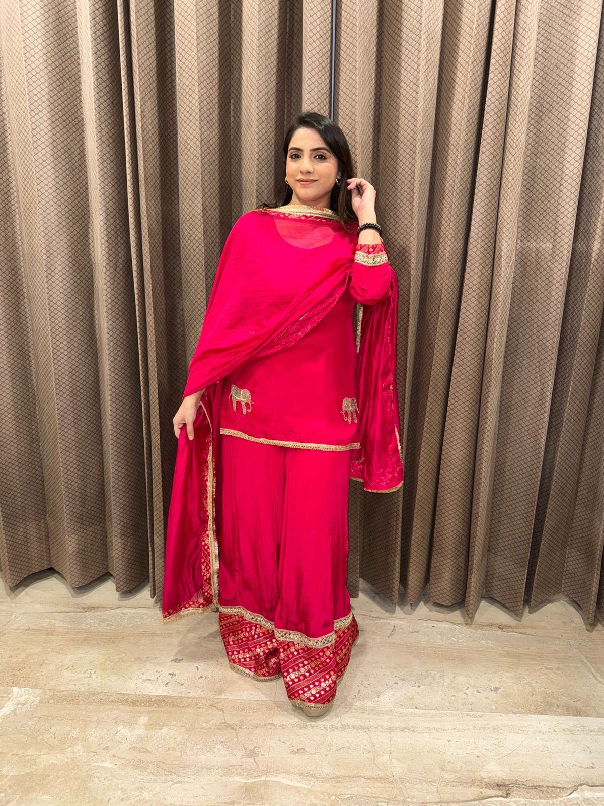 Rani Pink Partywear Hand-work Sharara Suit Set with Jacket