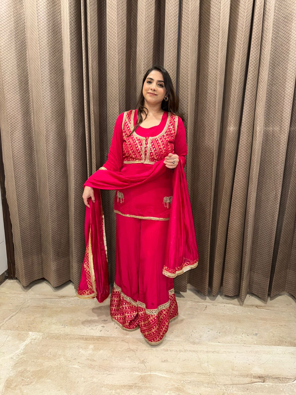 Rani Pink Partywear Hand-work Sharara Suit Set with Jacket