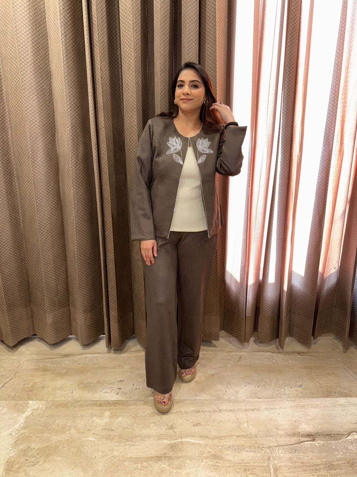 Chic Brown Co-ord Set with Front Hand-work