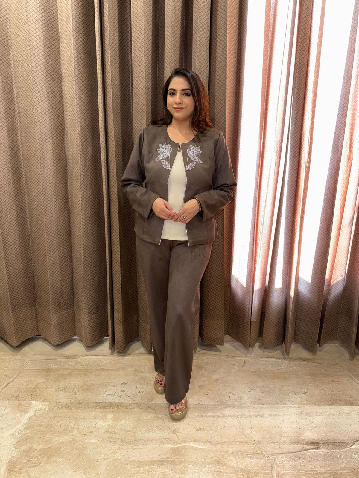 Chic Brown Co-ord Set with Front Hand-work