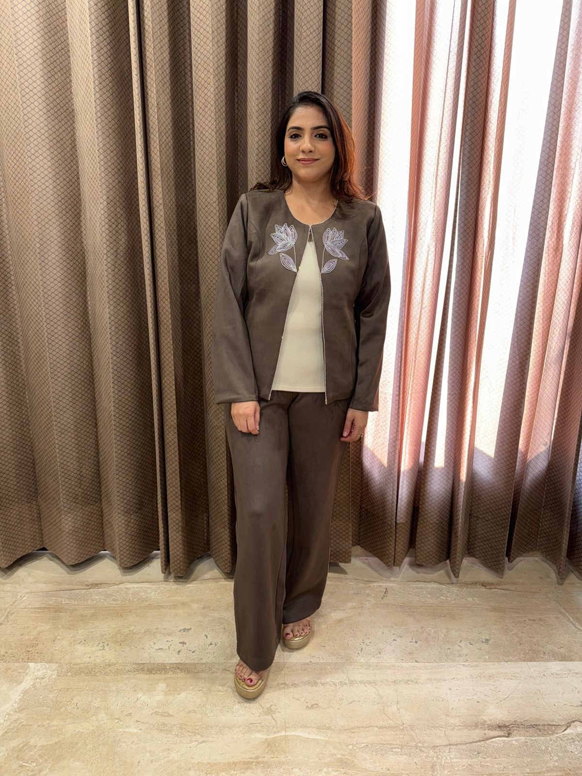 Chic Brown Co-ord Set with Front Hand-work