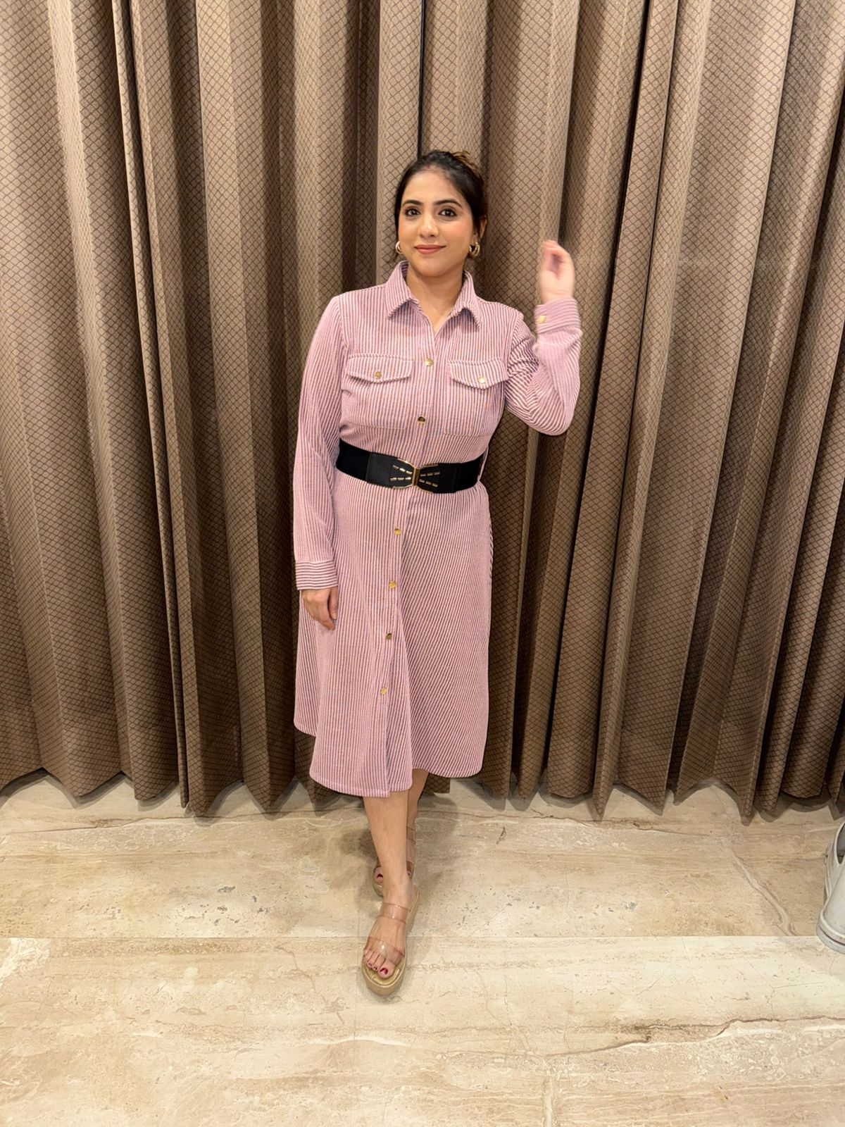 Blush Pink Striped Shirt Dress with Belt