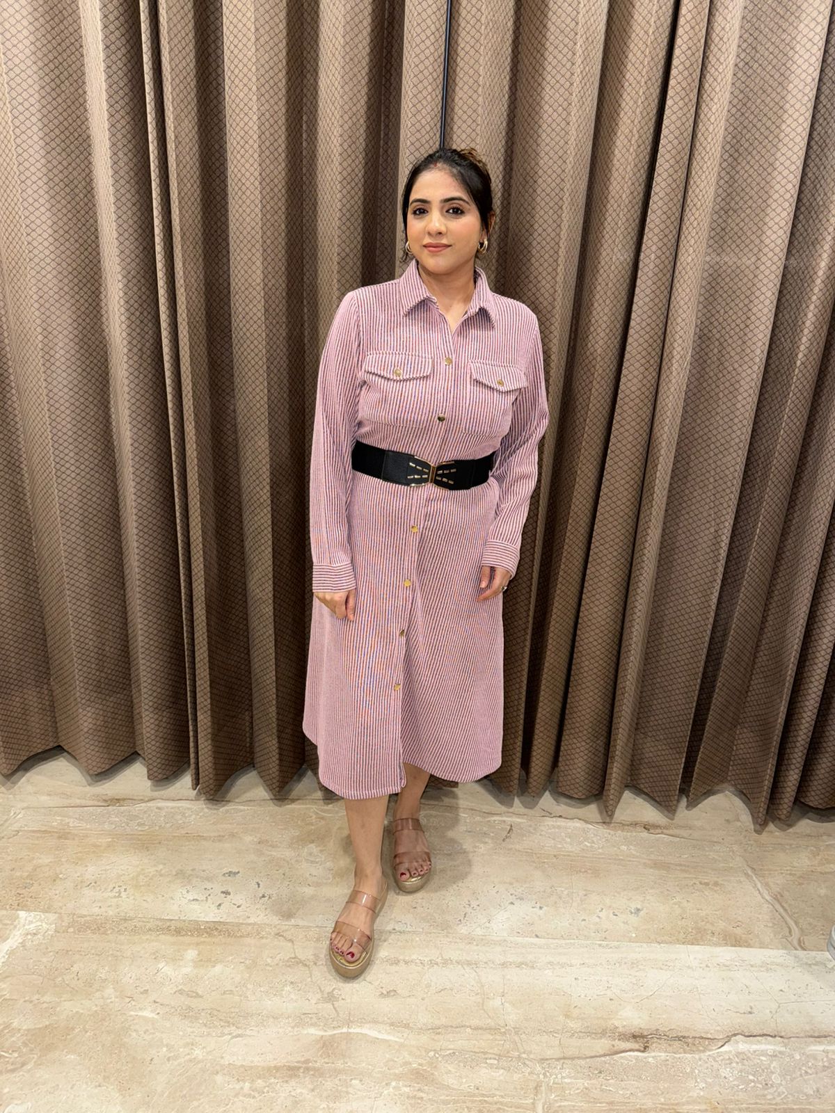 Blush Pink Striped Shirt Dress with Belt