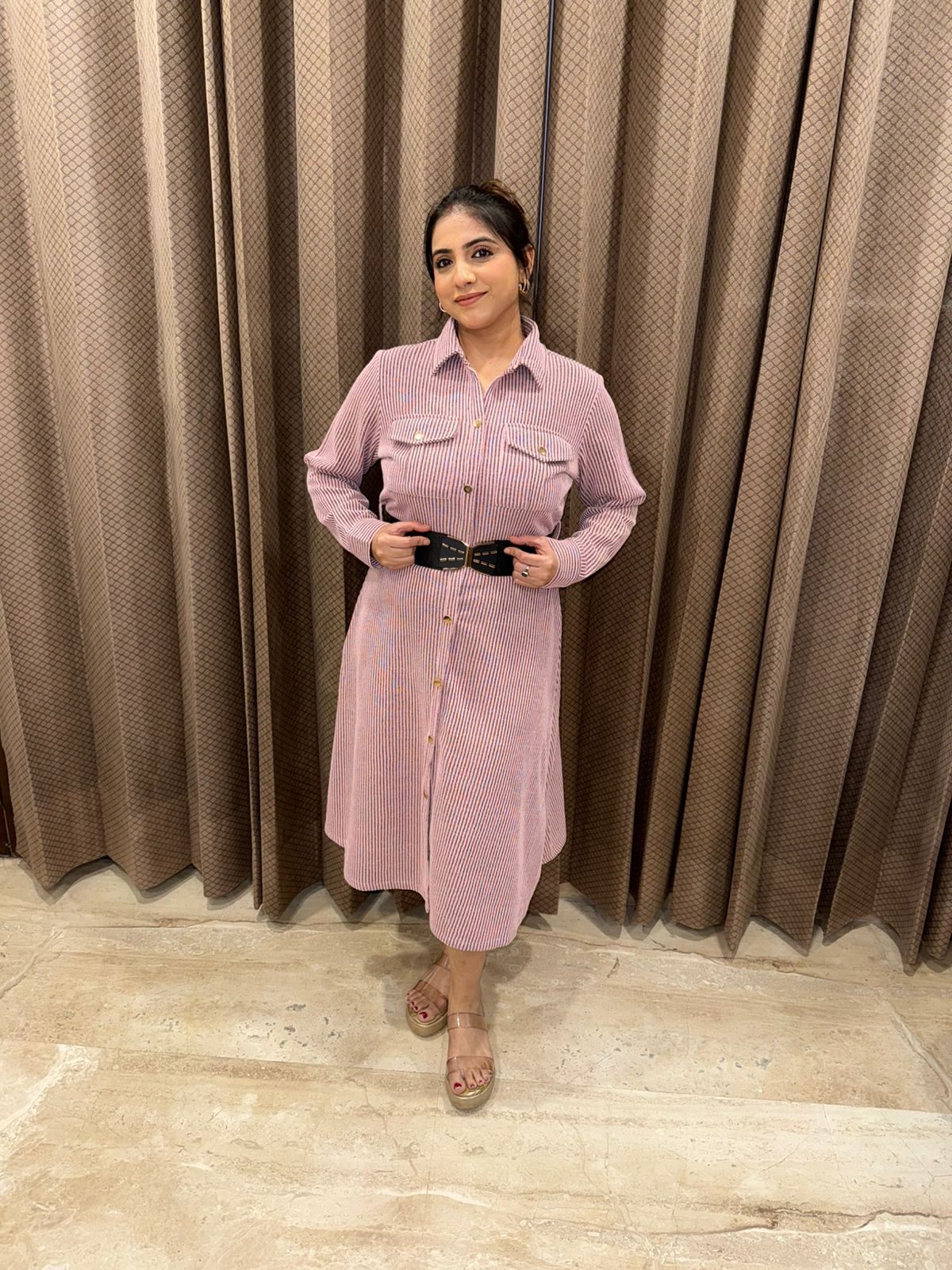 Blush Pink Striped Shirt Dress with Belt