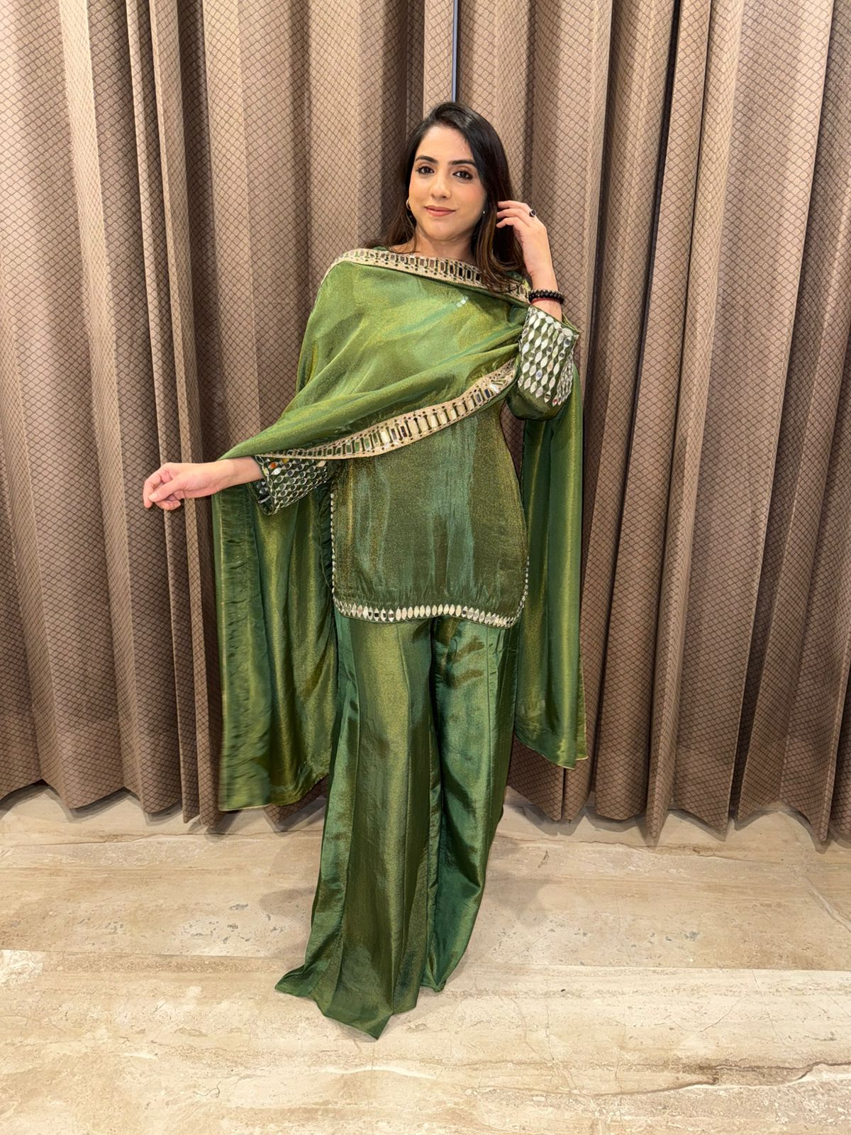 Emerald Green Mirror Work Kurta & Sharara Set with Dupatta