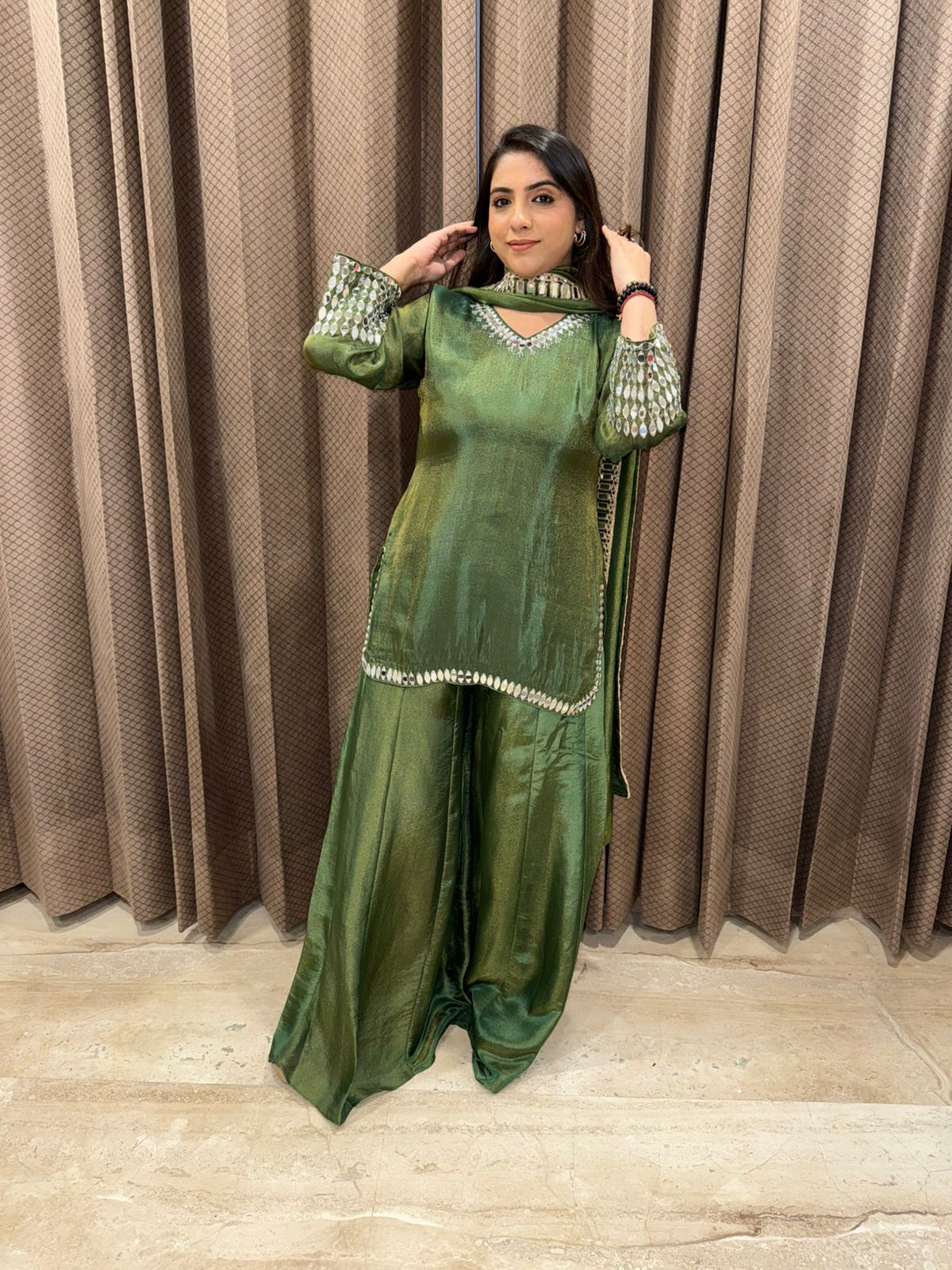 Emerald Green Mirror Work Kurta & Sharara Set with Dupatta
