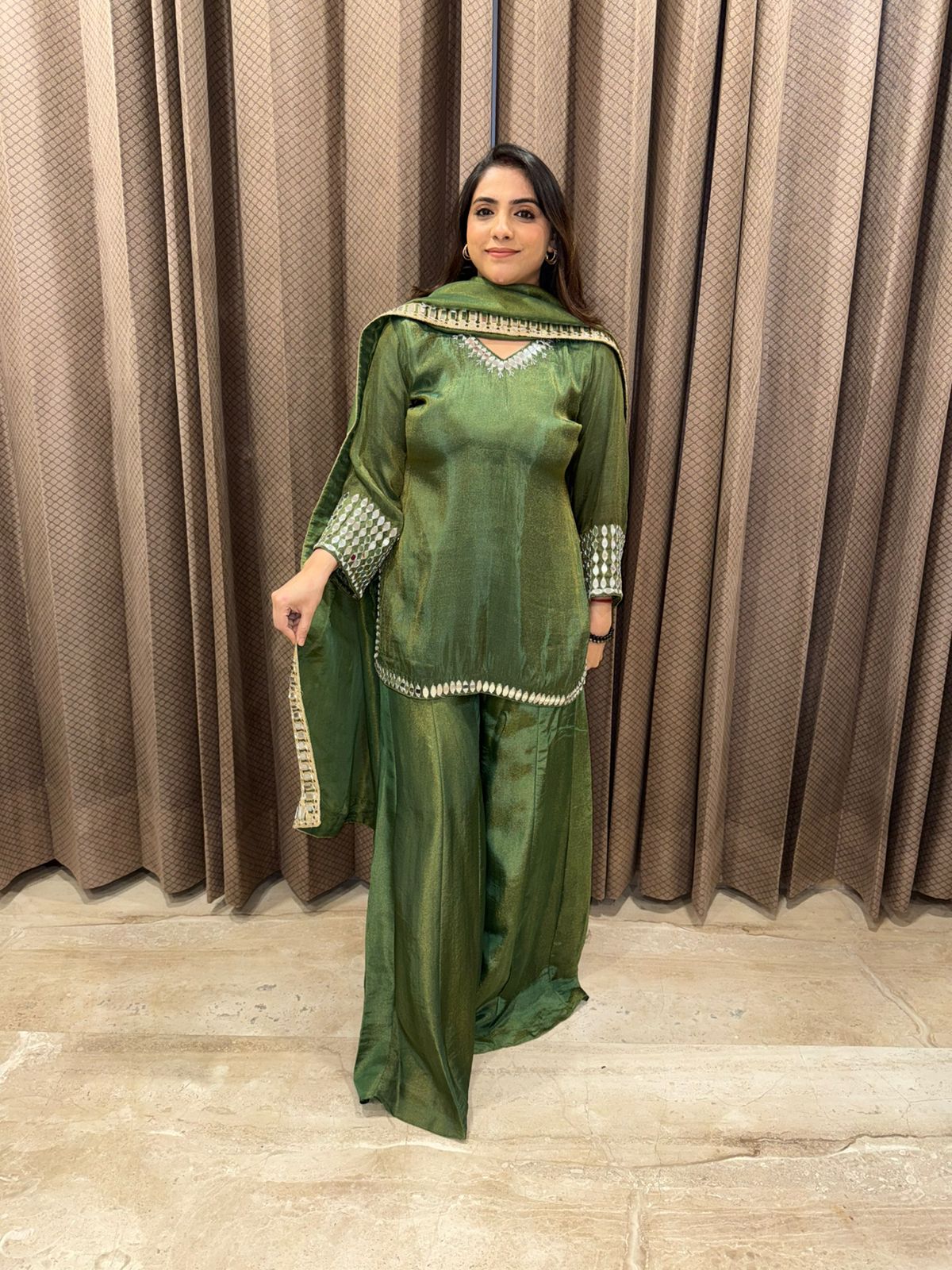 Emerald Green Mirror Work Kurta & Sharara Set with Dupatta