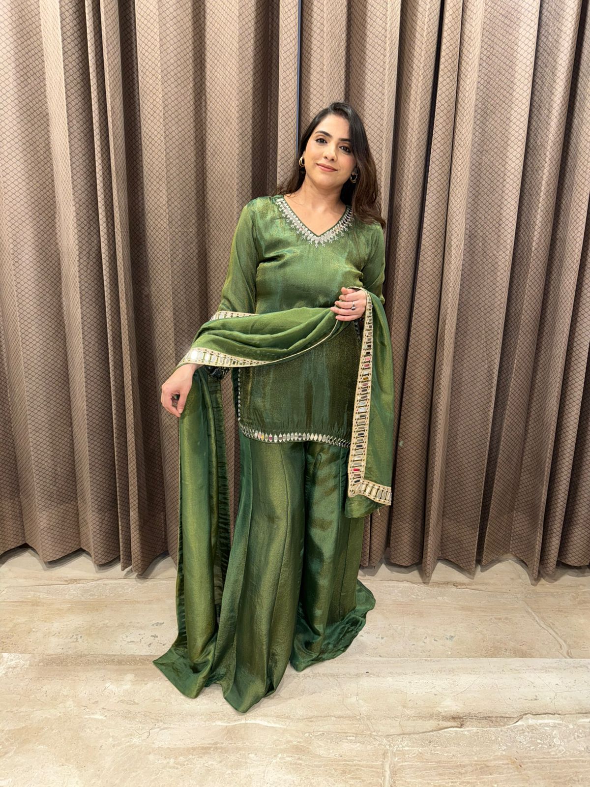 Emerald Green Mirror Work Kurta & Sharara Set with Dupatta