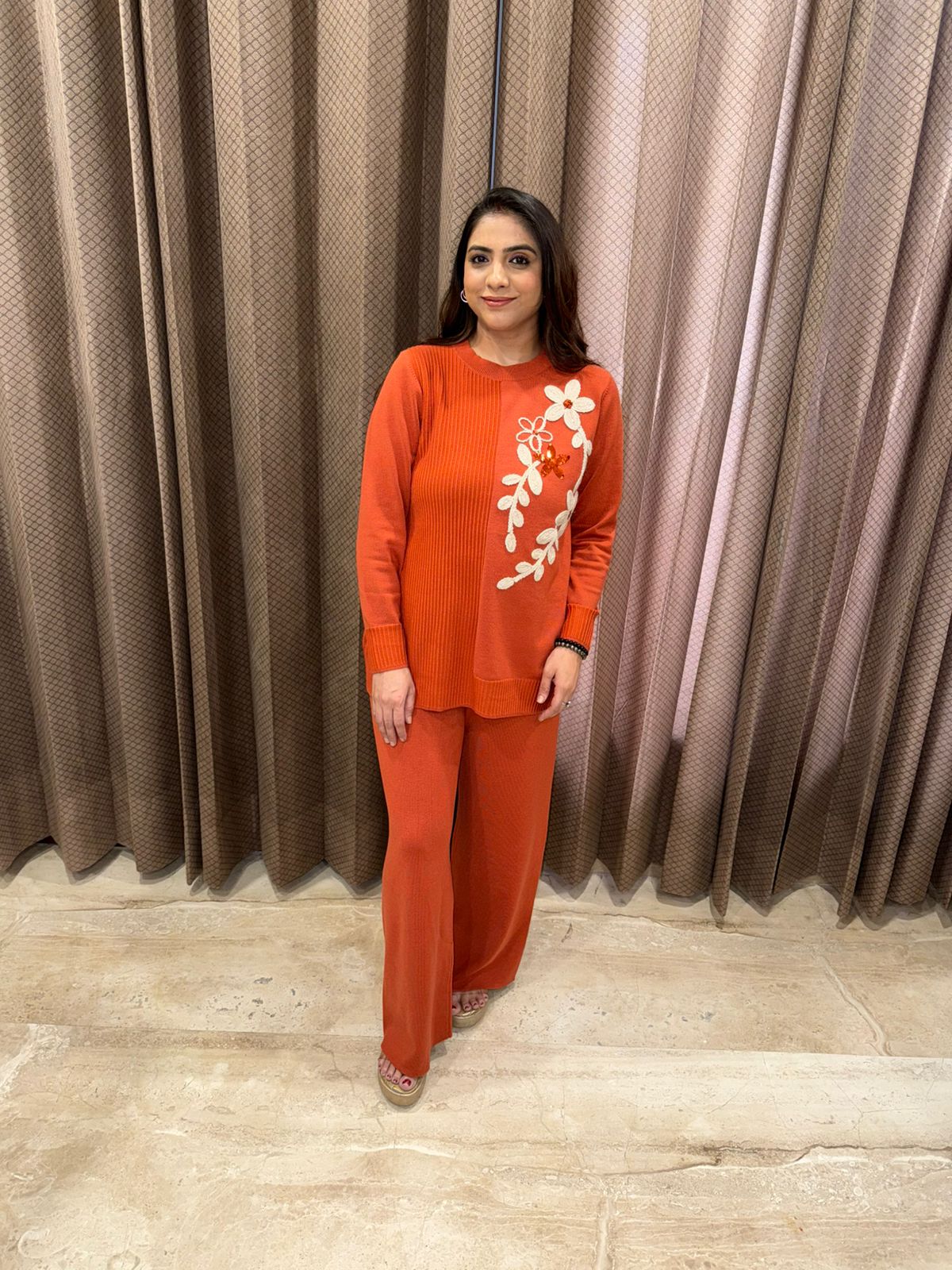 Rust Cozy Floral Appliqué Knit Co-ord Set