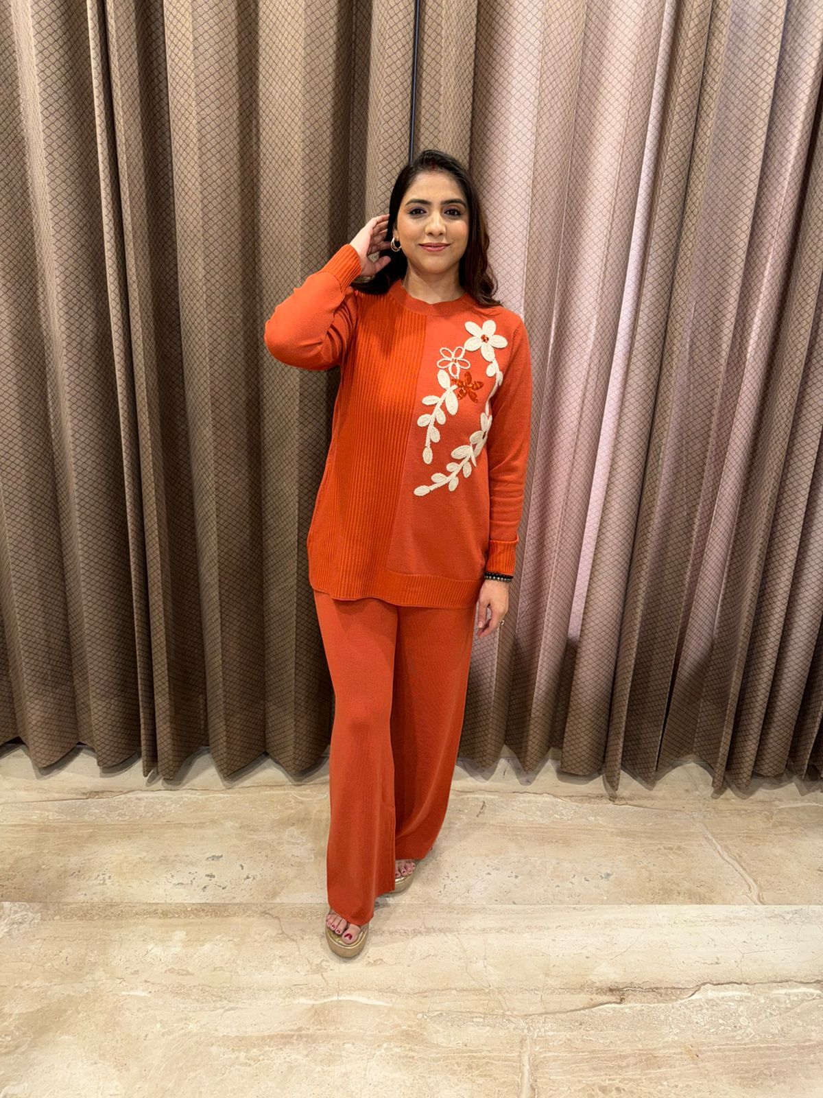 Rust Cozy Floral Appliqué Knit Co-ord Set