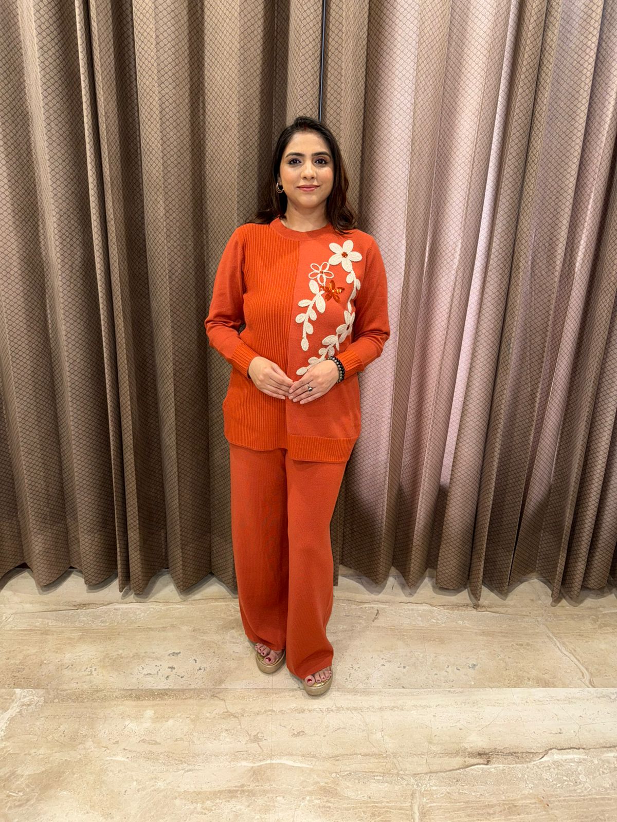 Rust Cozy Floral Appliqué Knit Co-ord Set