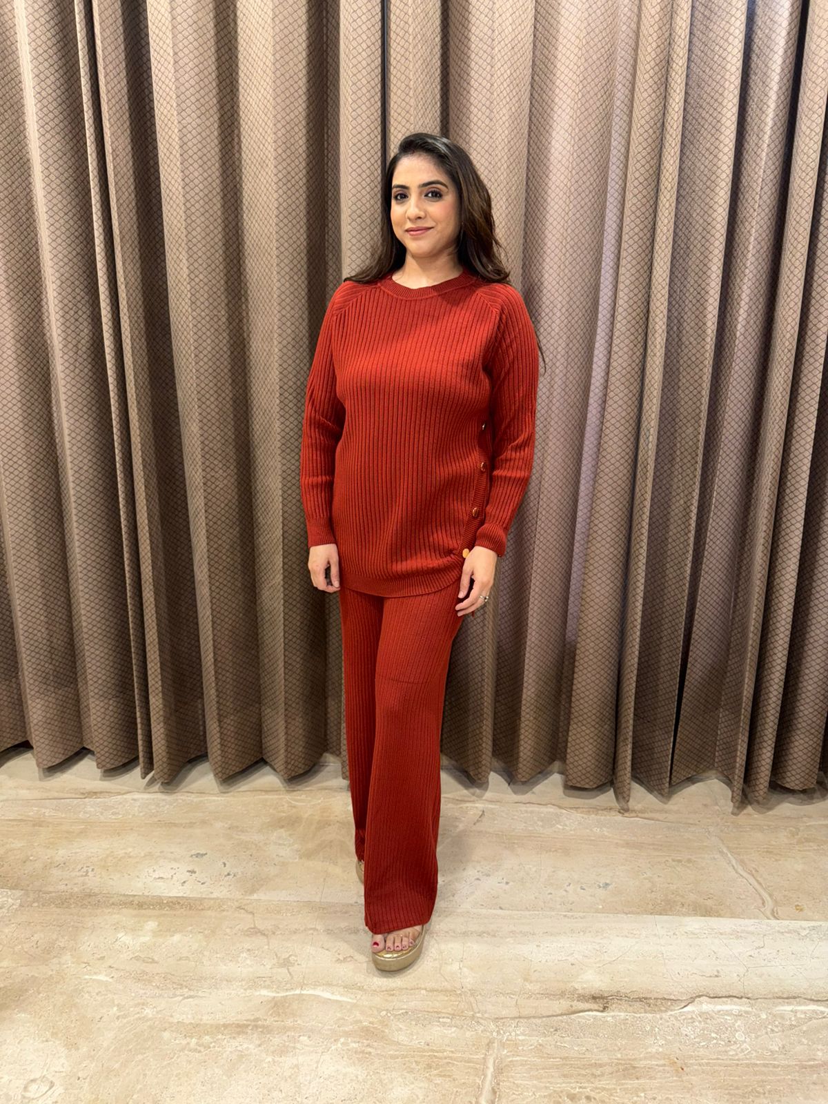 Brown Ribbed Button-Detail Knit Co-ord Set