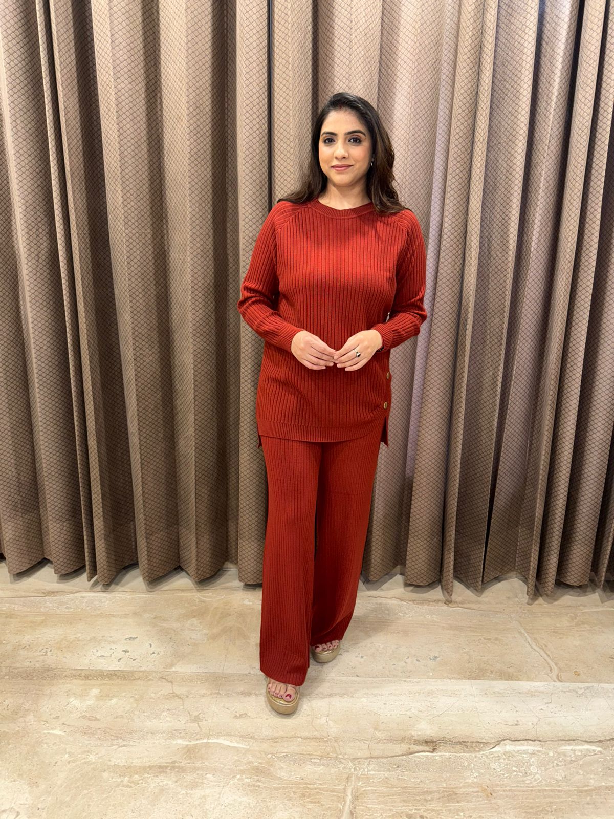 Brown Ribbed Button-Detail Knit Co-ord Set