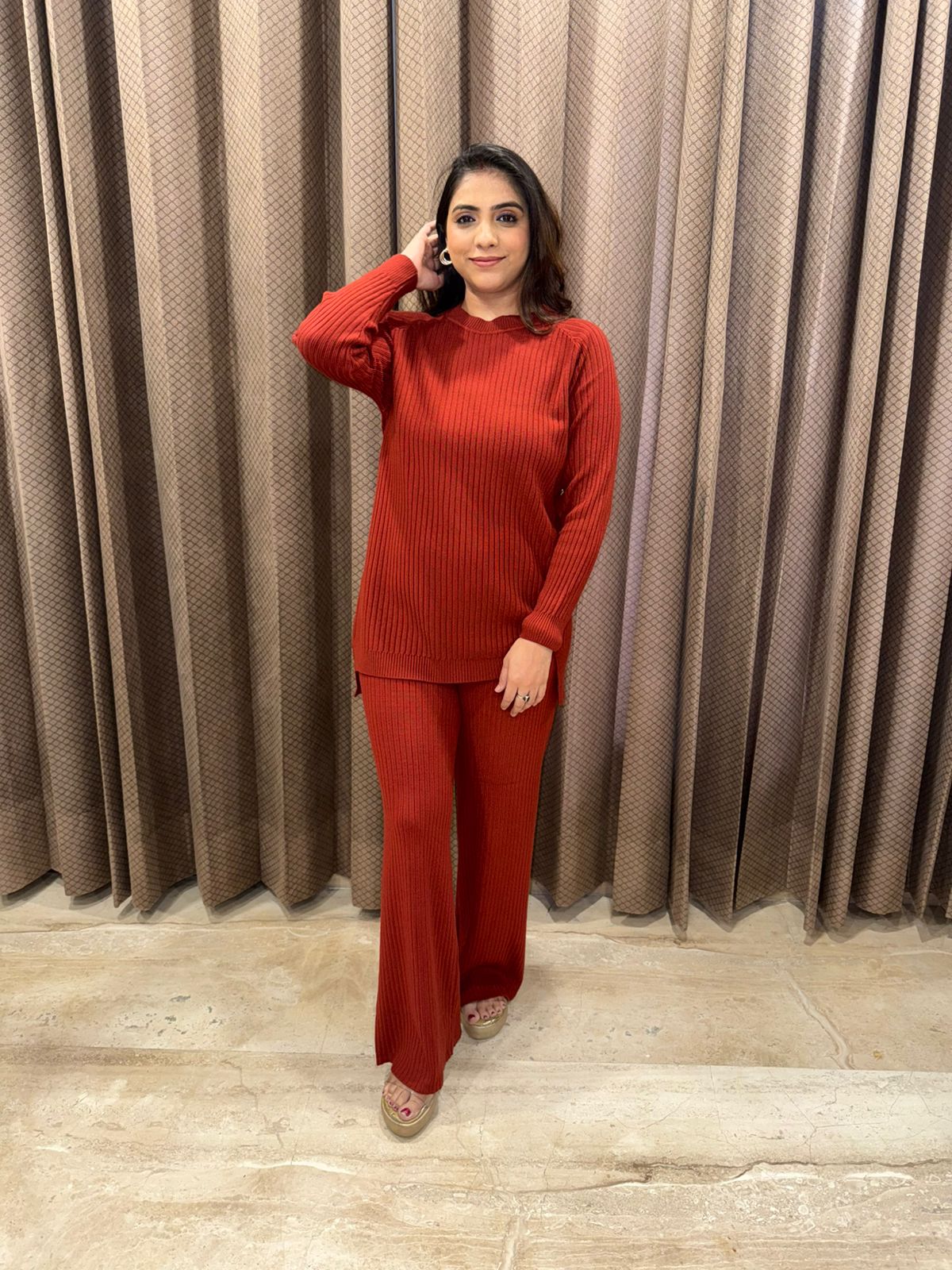 Brown Ribbed Button-Detail Knit Co-ord Set