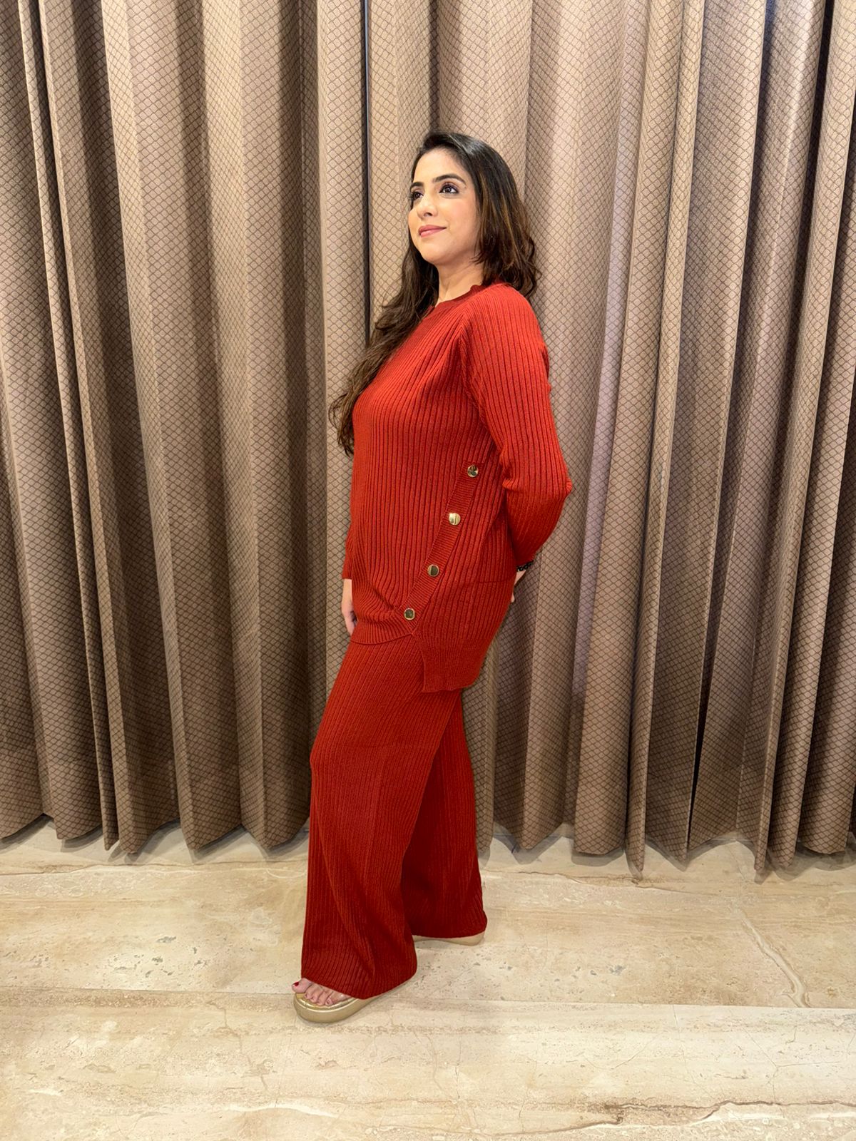 Brown Ribbed Button-Detail Knit Co-ord Set