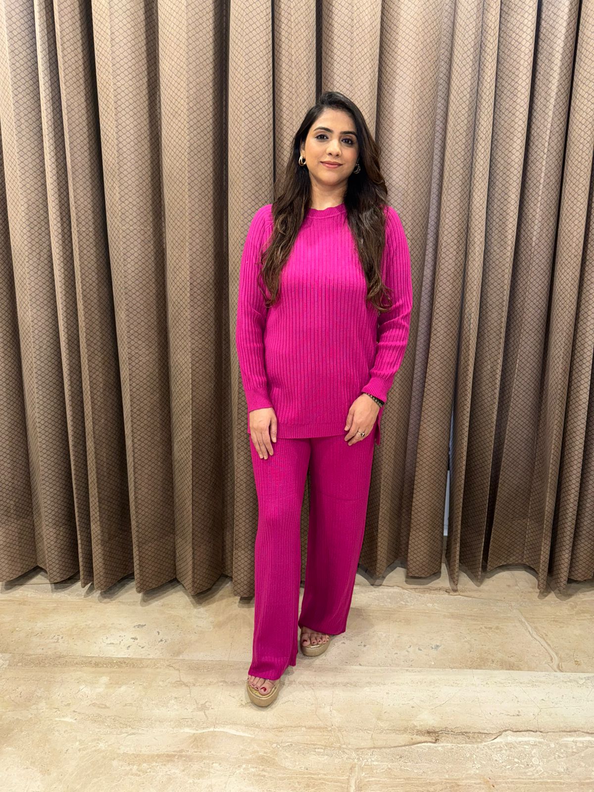 Magenta Ribbed Button-Detail Knit Co-ord Set