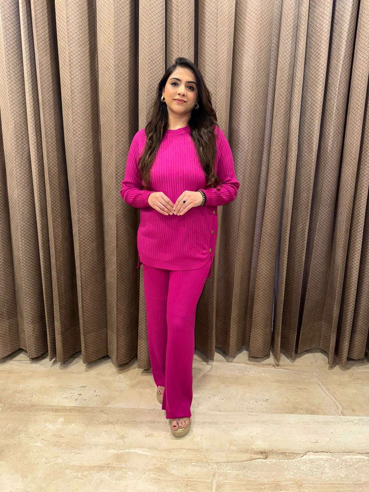 Magenta Ribbed Button-Detail Knit Co-ord Set