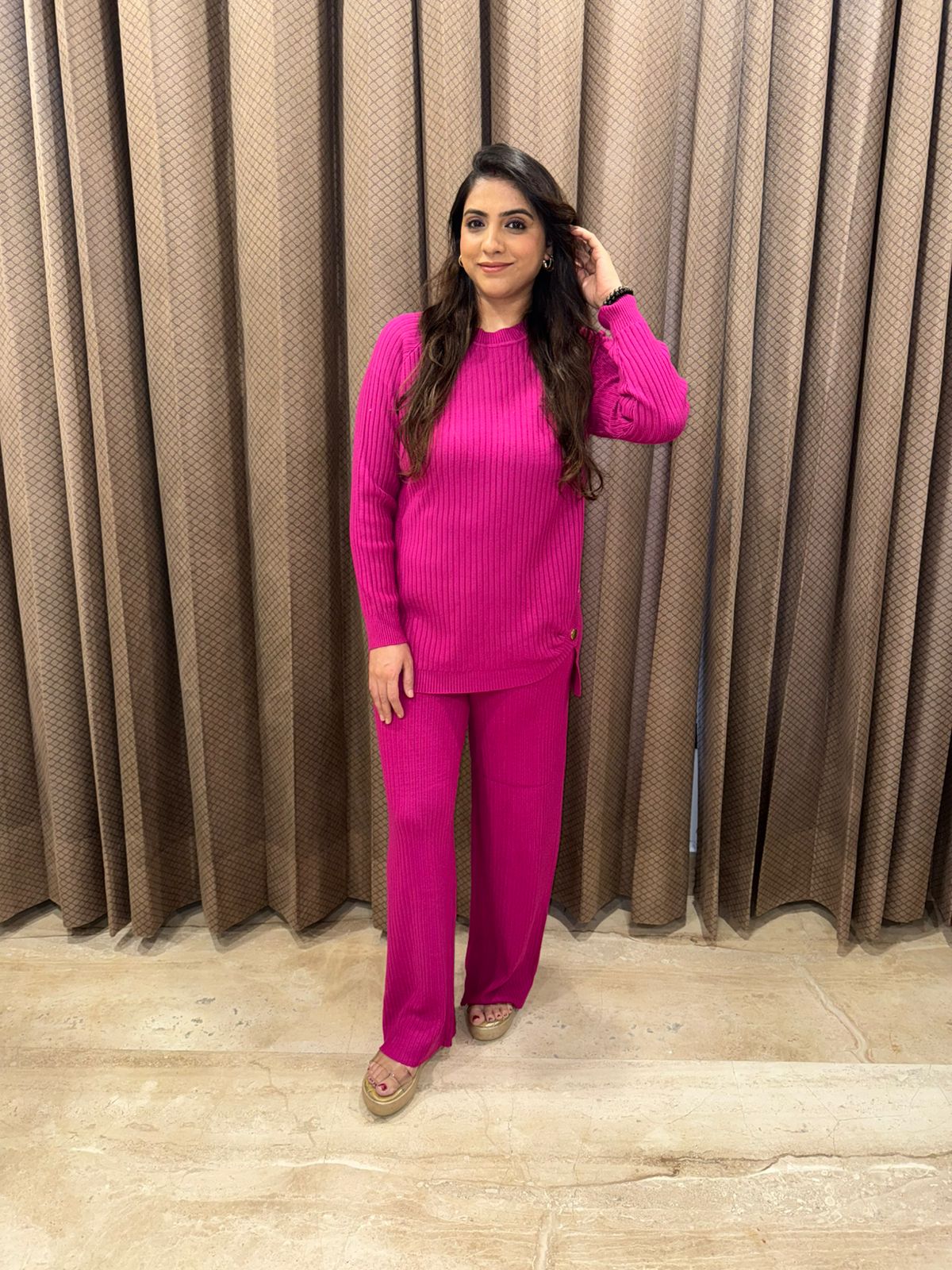 Magenta Ribbed Button-Detail Knit Co-ord Set