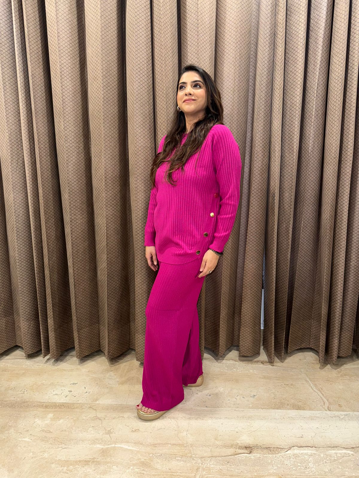 Magenta Ribbed Button-Detail Knit Co-ord Set