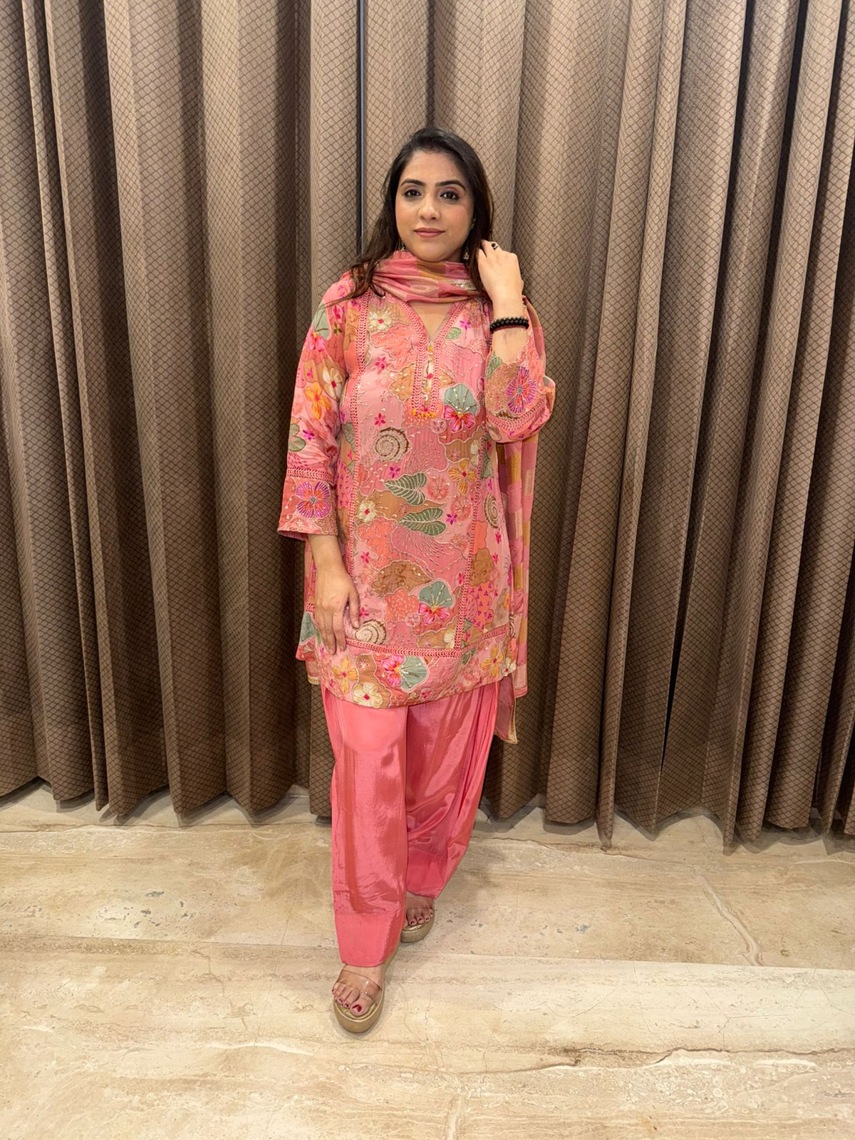 Peachy Petals Printed Suit Set with Farshi Salwar