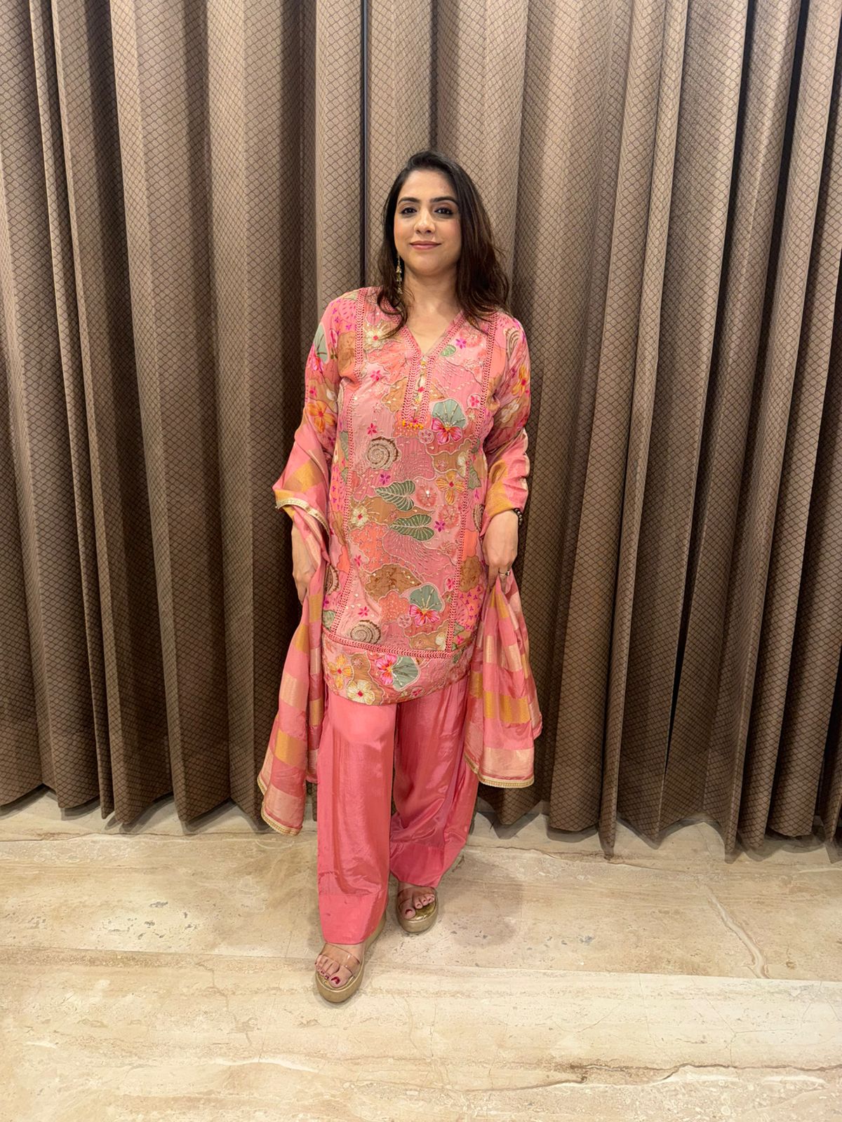 Peachy Petals Printed Suit Set with Farshi Salwar