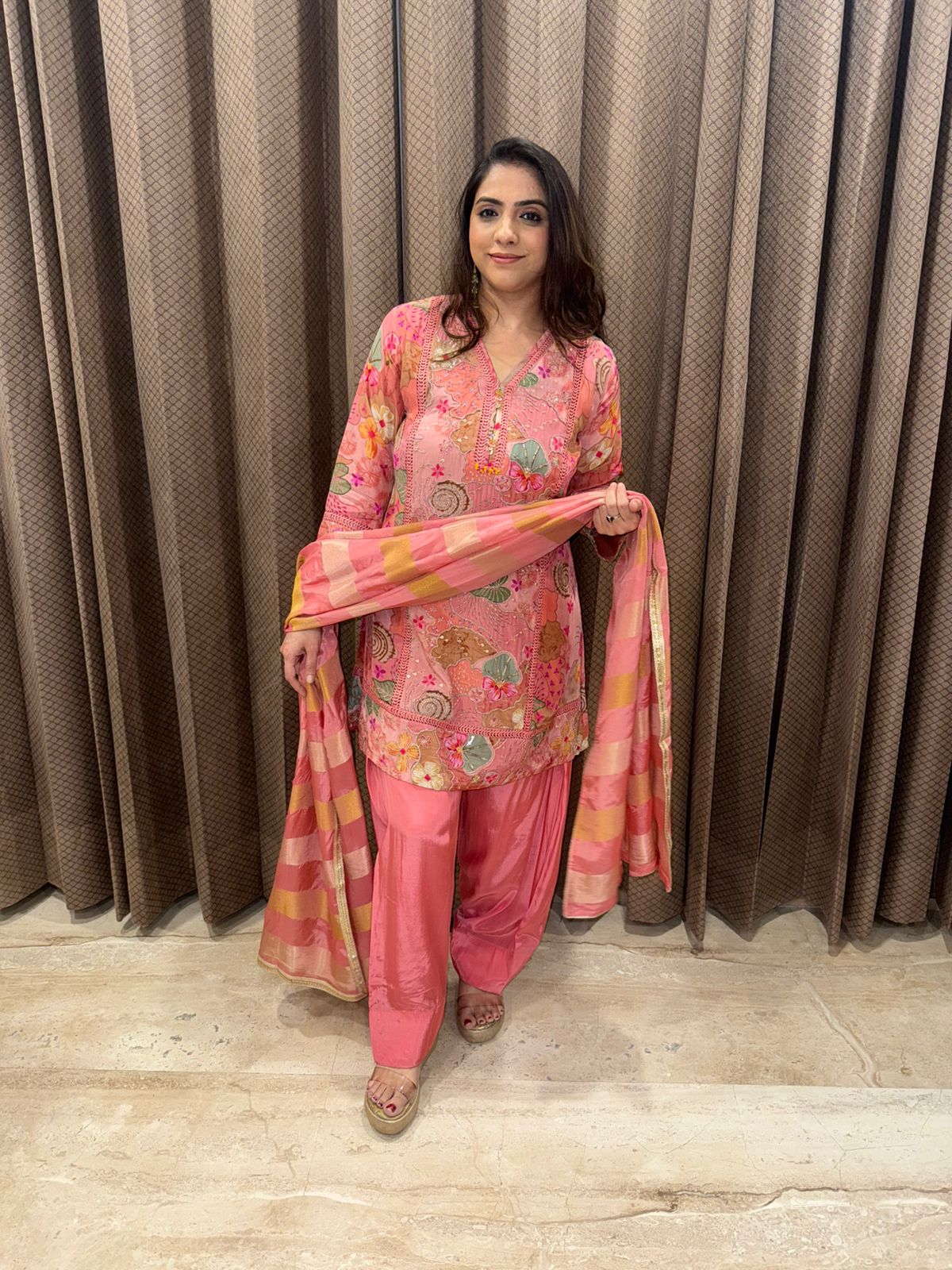 Peachy Petals Printed Suit Set with Farshi Salwar