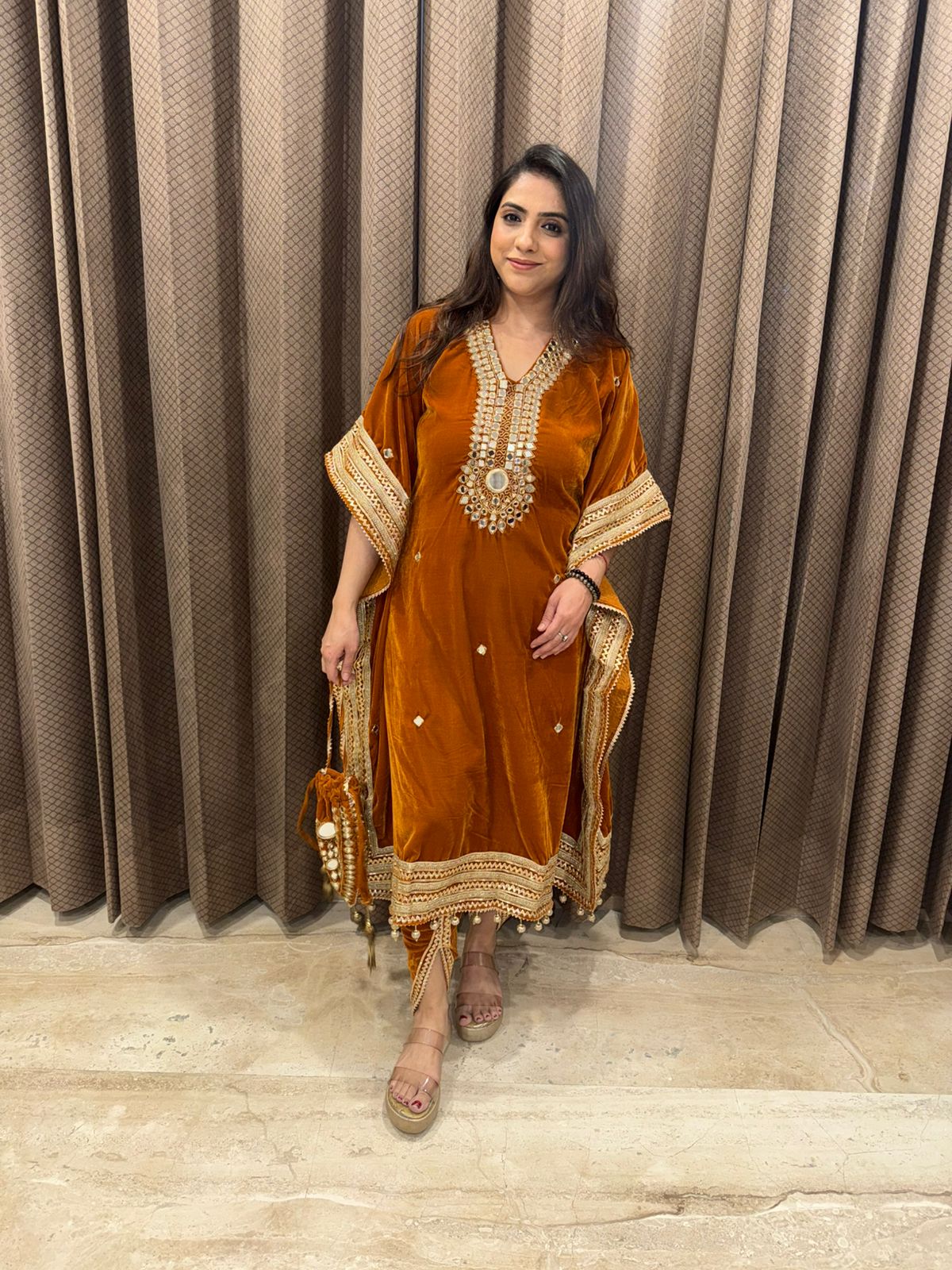 Rust Velvet Mirror Work Kaftan Set with Potli