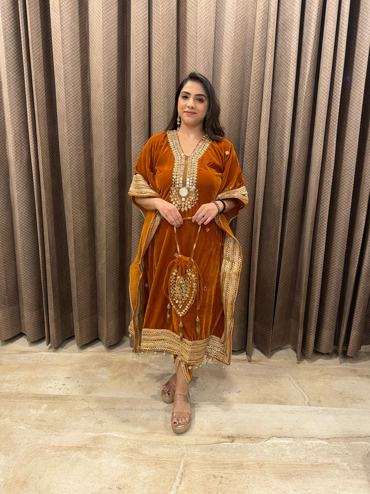 Rust Velvet Mirror Work Kaftan Set with Potli