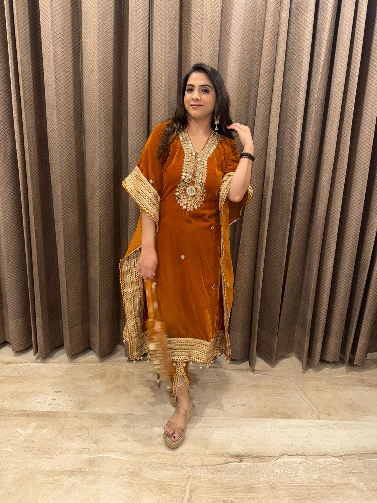 Rust Velvet Mirror Work Kaftan Set with Potli