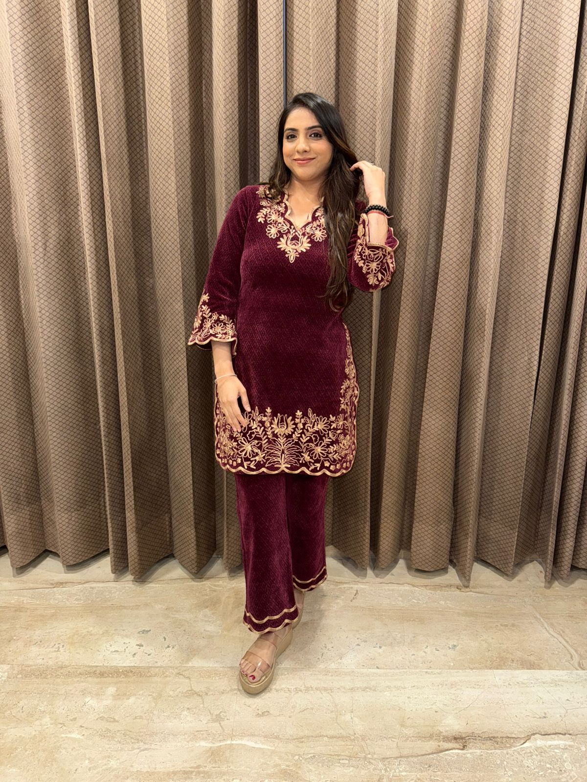 Regal Maroon Velvet Thread Embroidered Co-ord Set