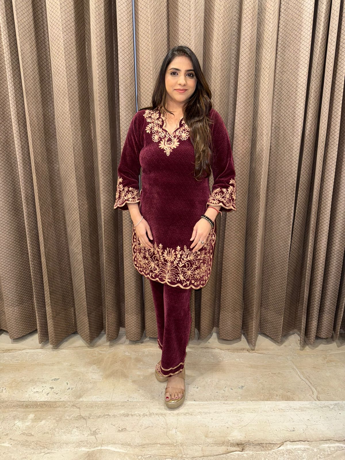 Regal Maroon Velvet Thread Embroidered Co-ord Set