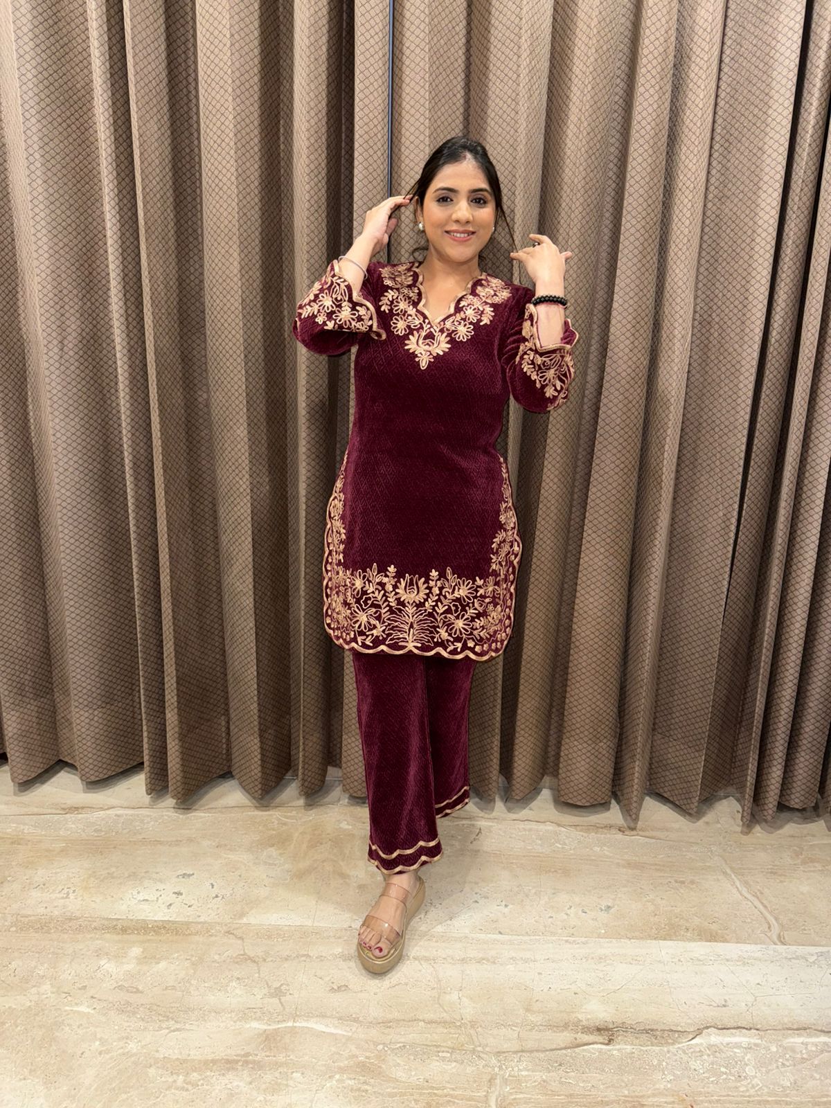 Regal Maroon Velvet Thread Embroidered Co-ord Set