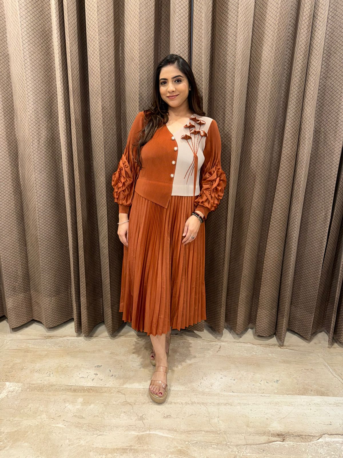 Rust Royale Pleated Midi Dress