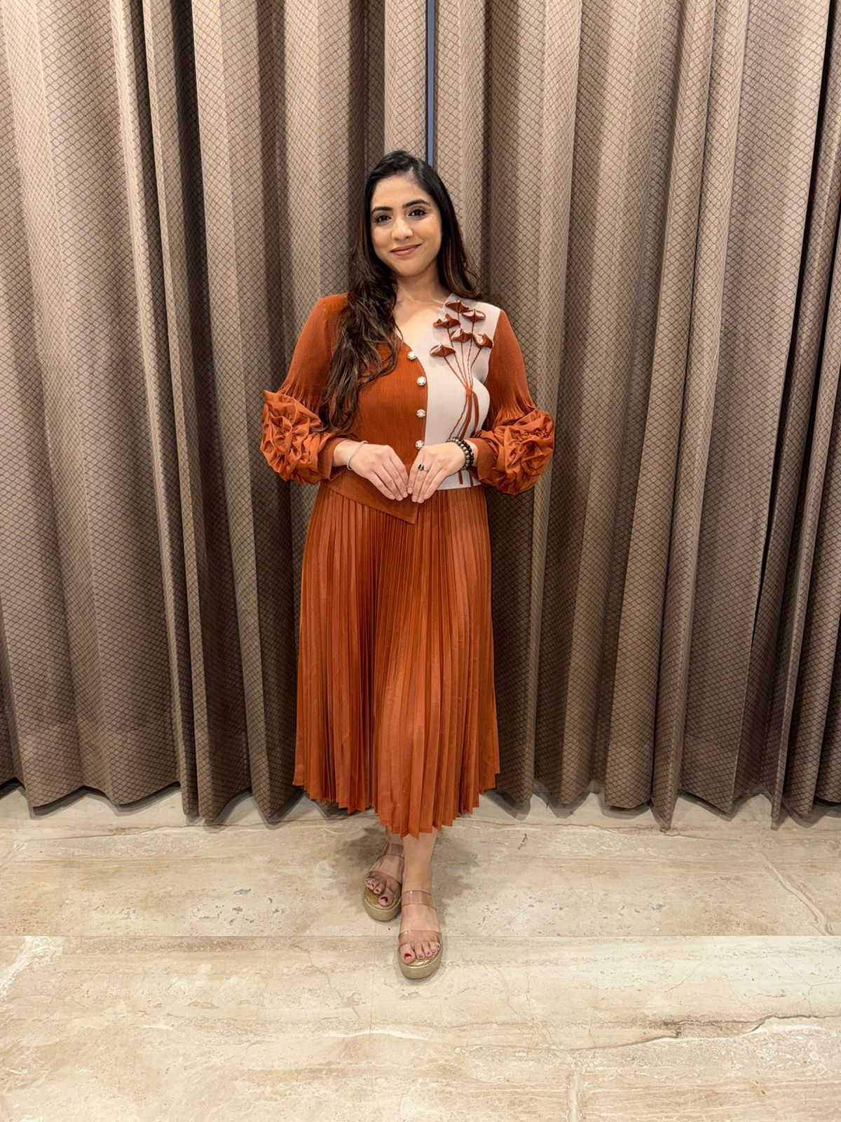 Rust Royale Pleated Midi Dress