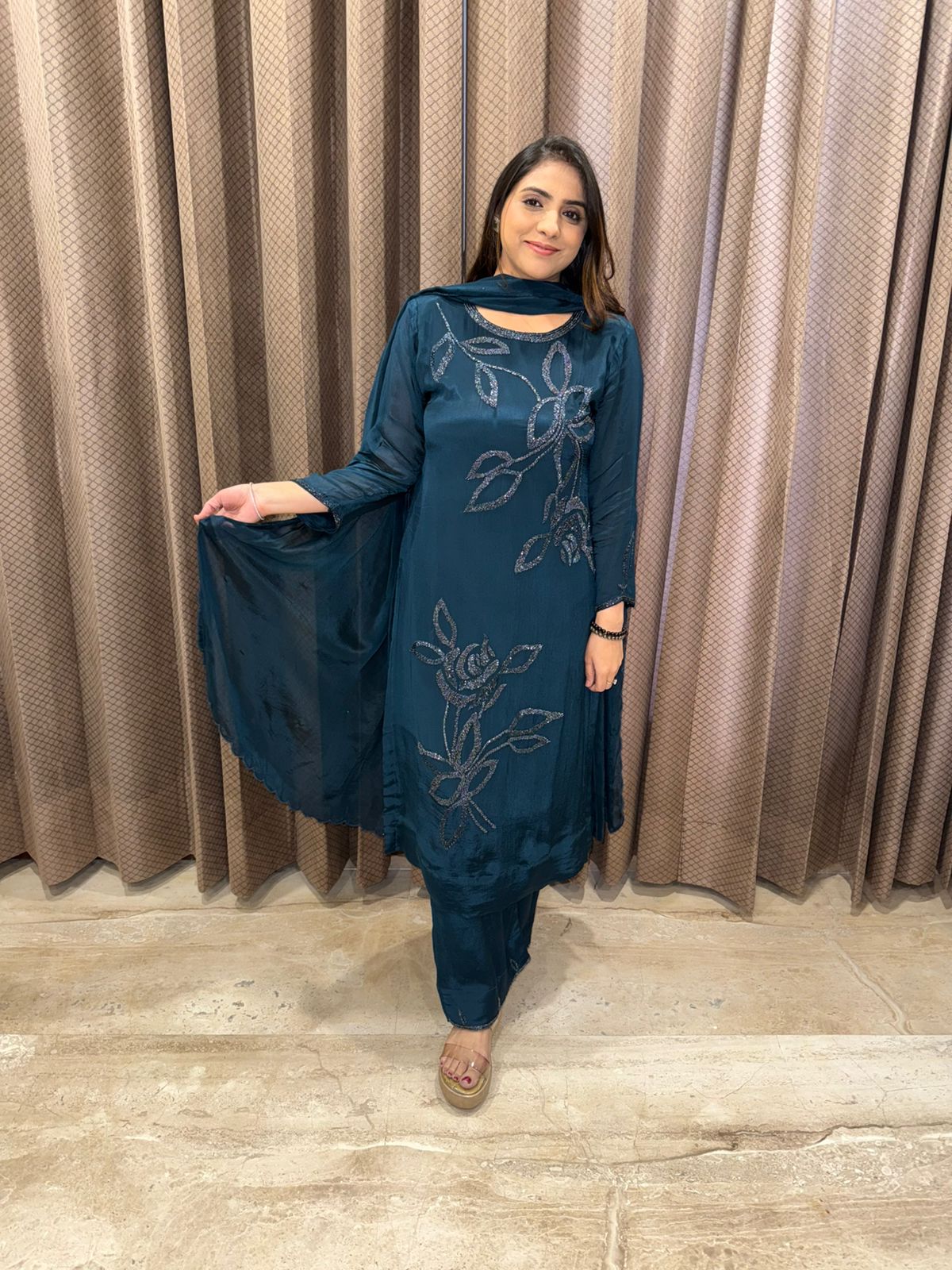 Teal Blue Luxe Hand-Embroidered Suit Set