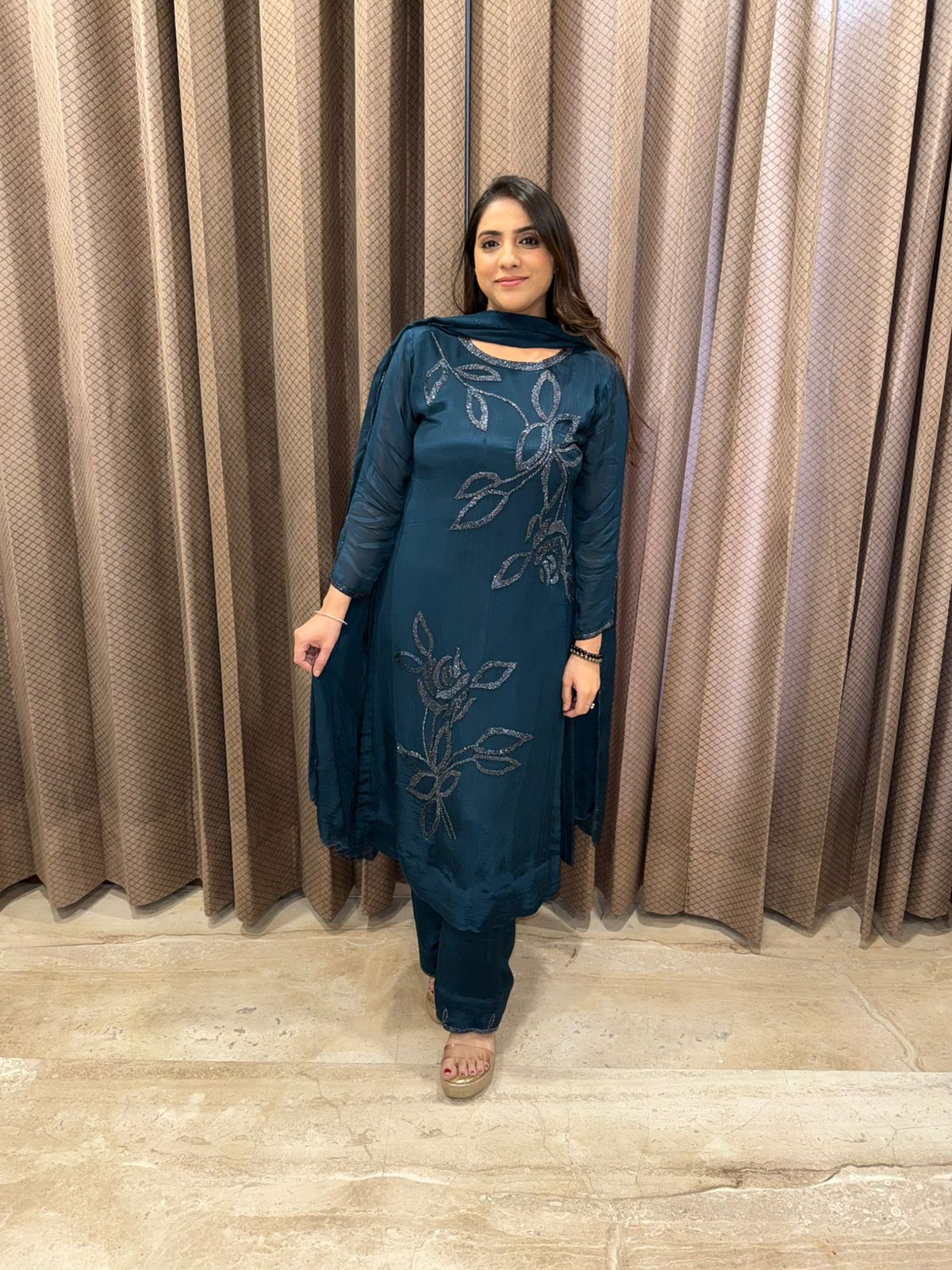 Teal Blue Luxe Hand-Embroidered Suit Set