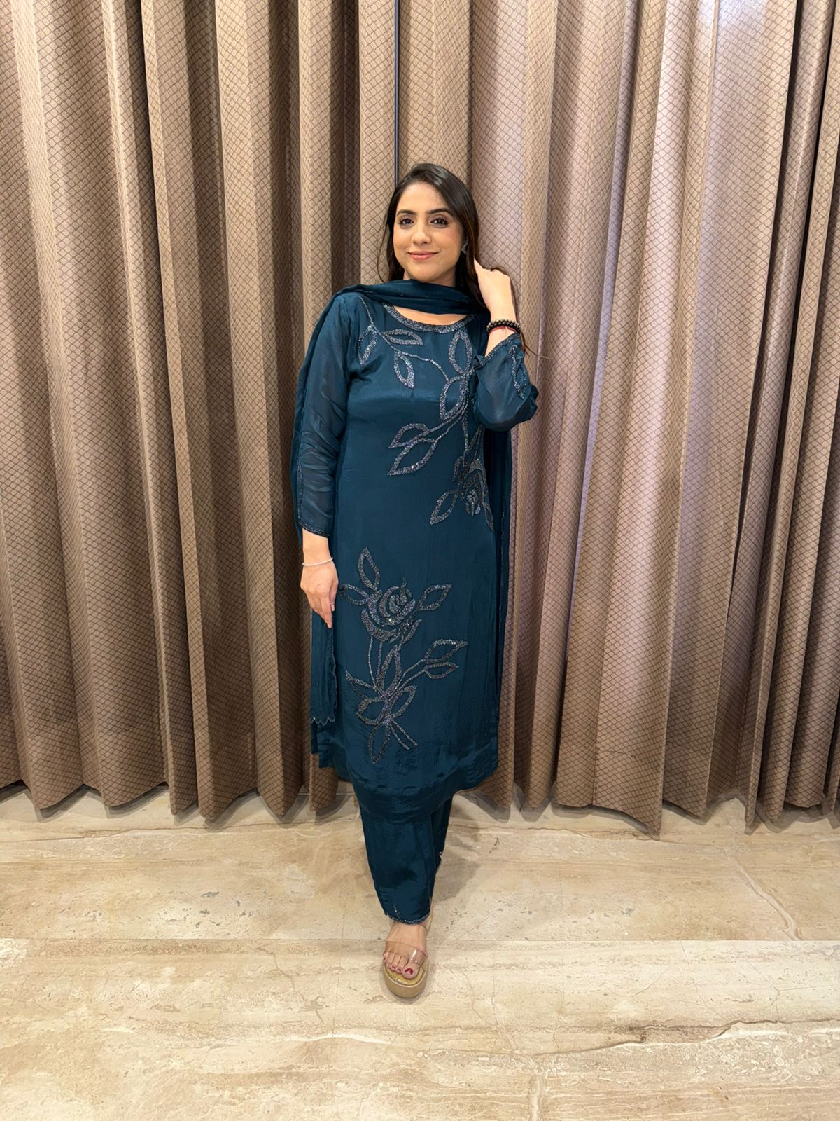 Teal Blue Luxe Hand-Embroidered Suit Set