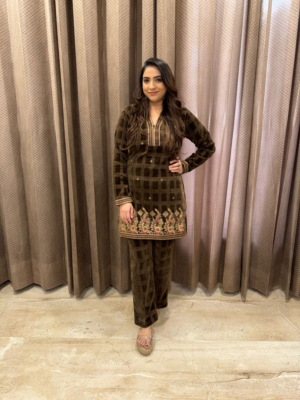 Chocolate Velvet Checkered Embroidered Co-ord Set