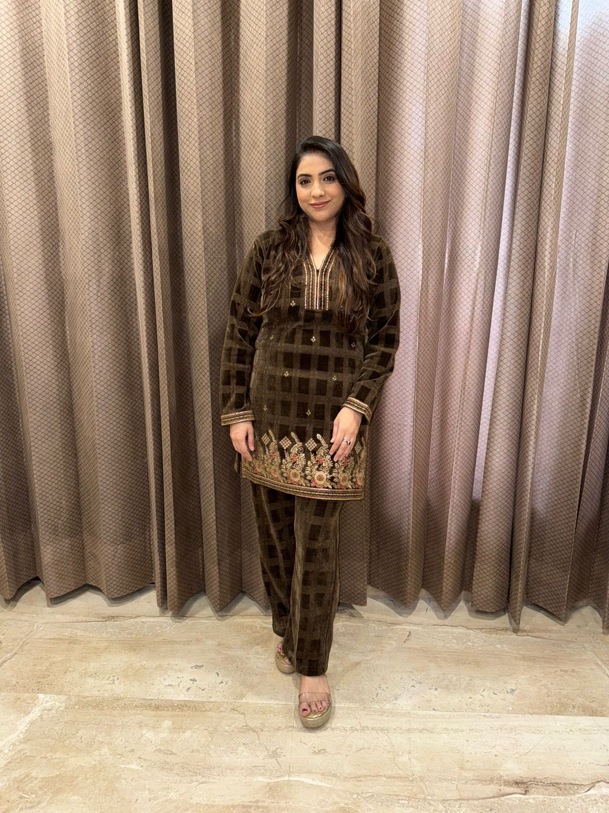 Chocolate Velvet Checkered Embroidered Co-ord Set