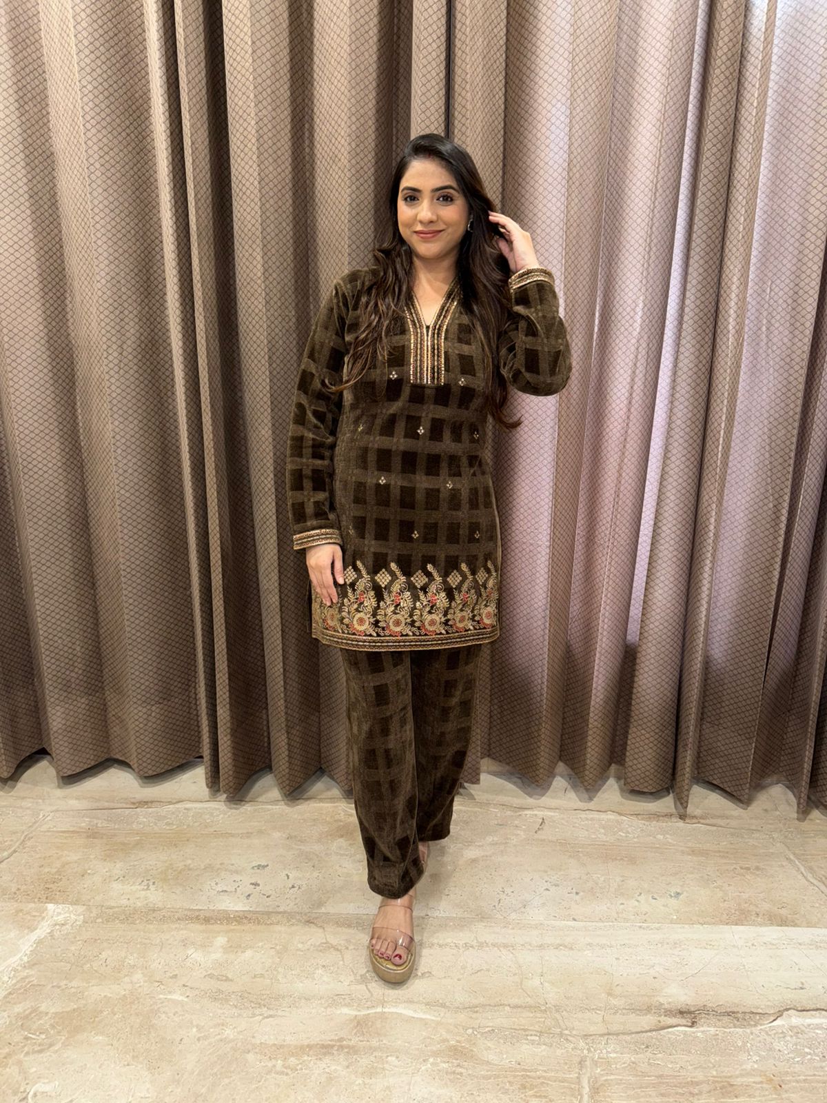 Chocolate Velvet Checkered Embroidered Co-ord Set