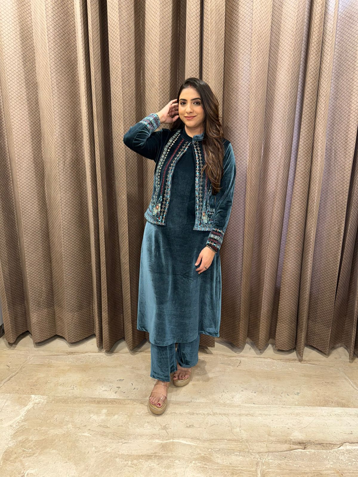 Teal Velvet Embroidered Jacket Style Suit Set