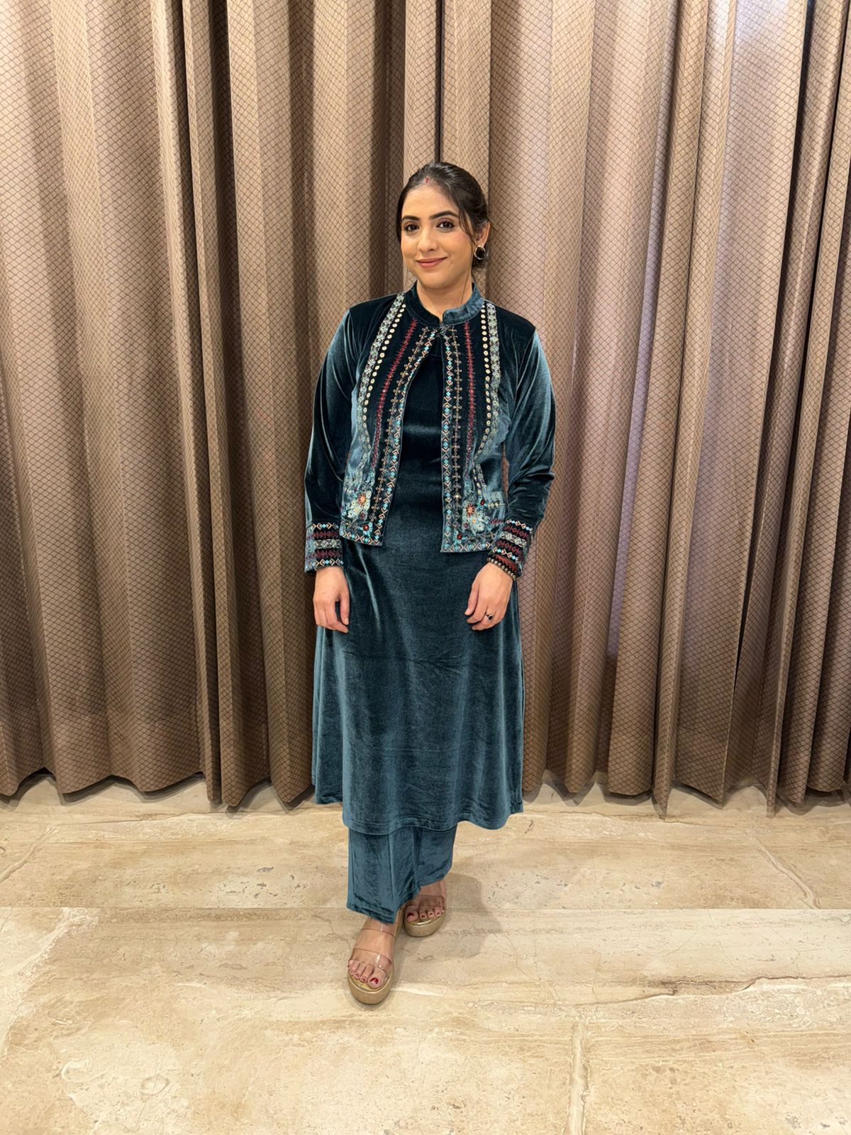 Teal Velvet Embroidered Jacket Style Suit Set