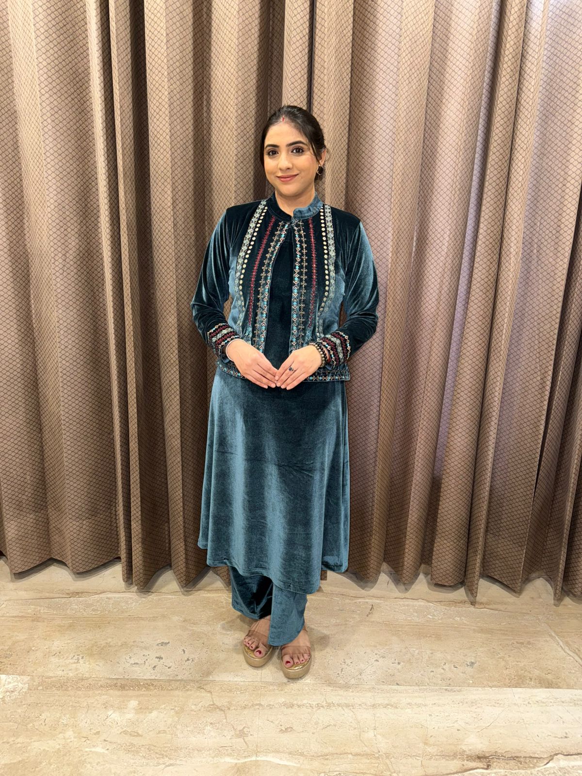 Teal Velvet Embroidered Jacket Style Suit Set