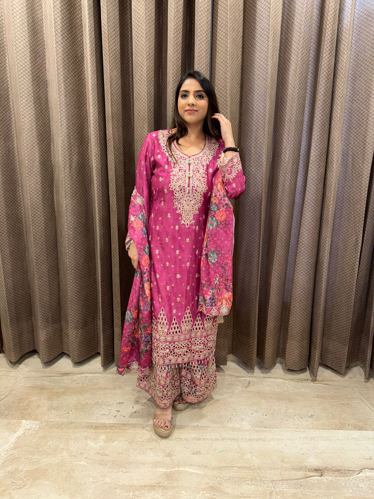 Magenta Embroidered Floral Kurta Set with Dupatta