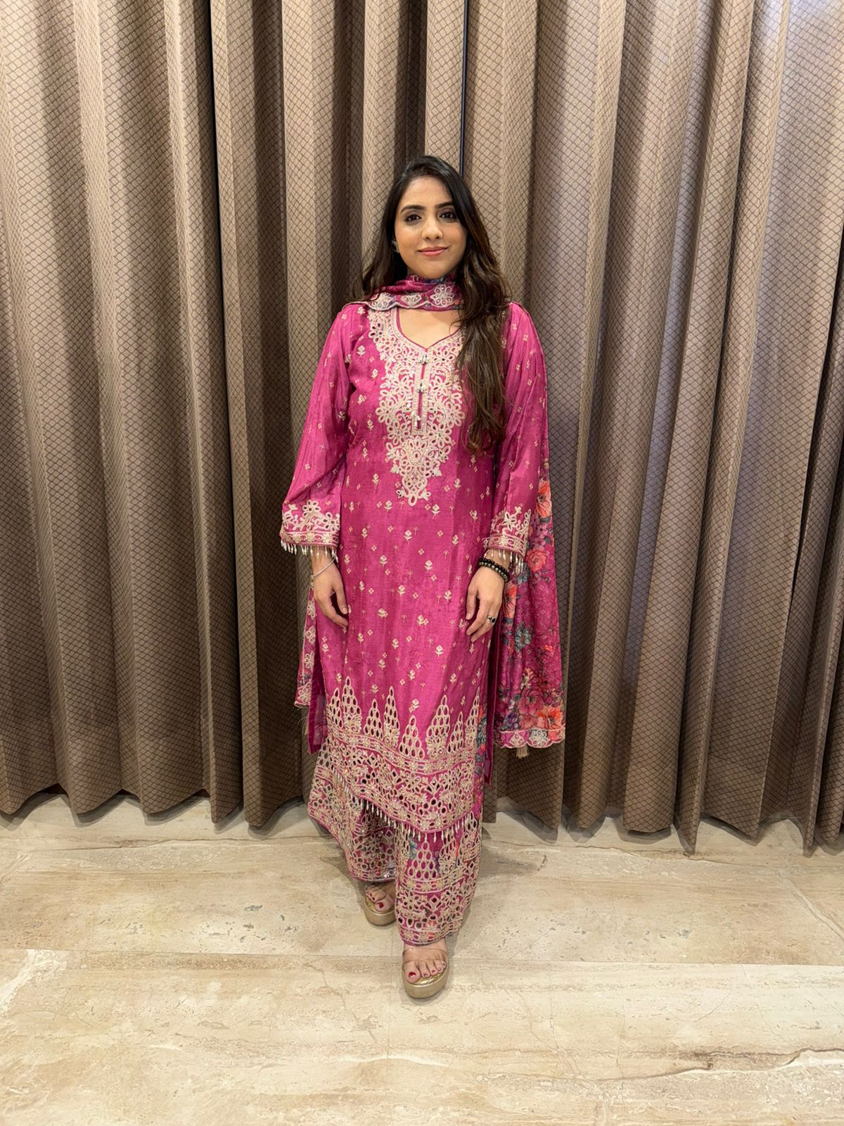 Magenta Embroidered Floral Kurta Set with Dupatta