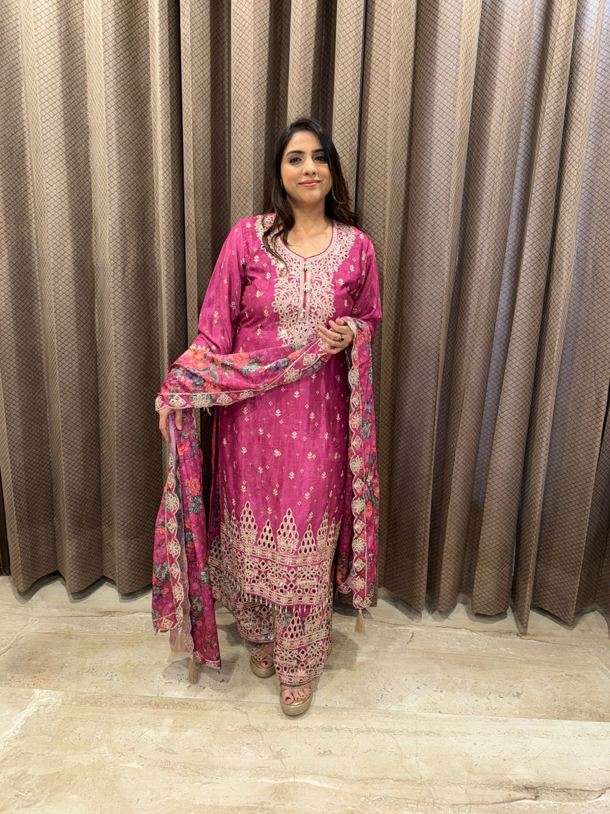 Magenta Embroidered Floral Kurta Set with Dupatta