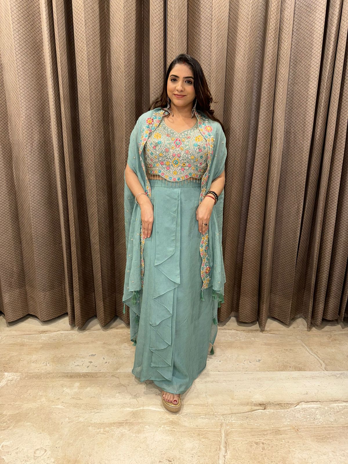 Pastel Green Embroidered Crop Top and Skirt Set with Cape