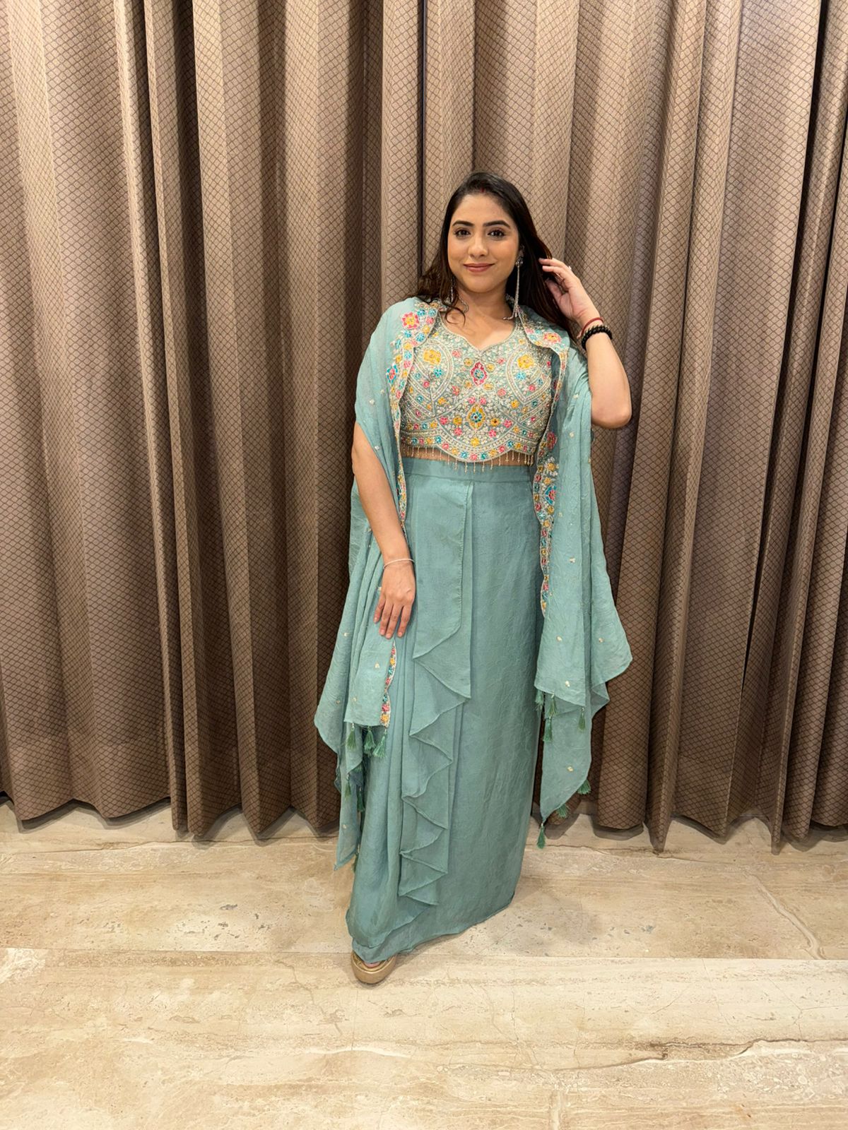 Pastel Green Embroidered Crop Top and Skirt Set with Cape