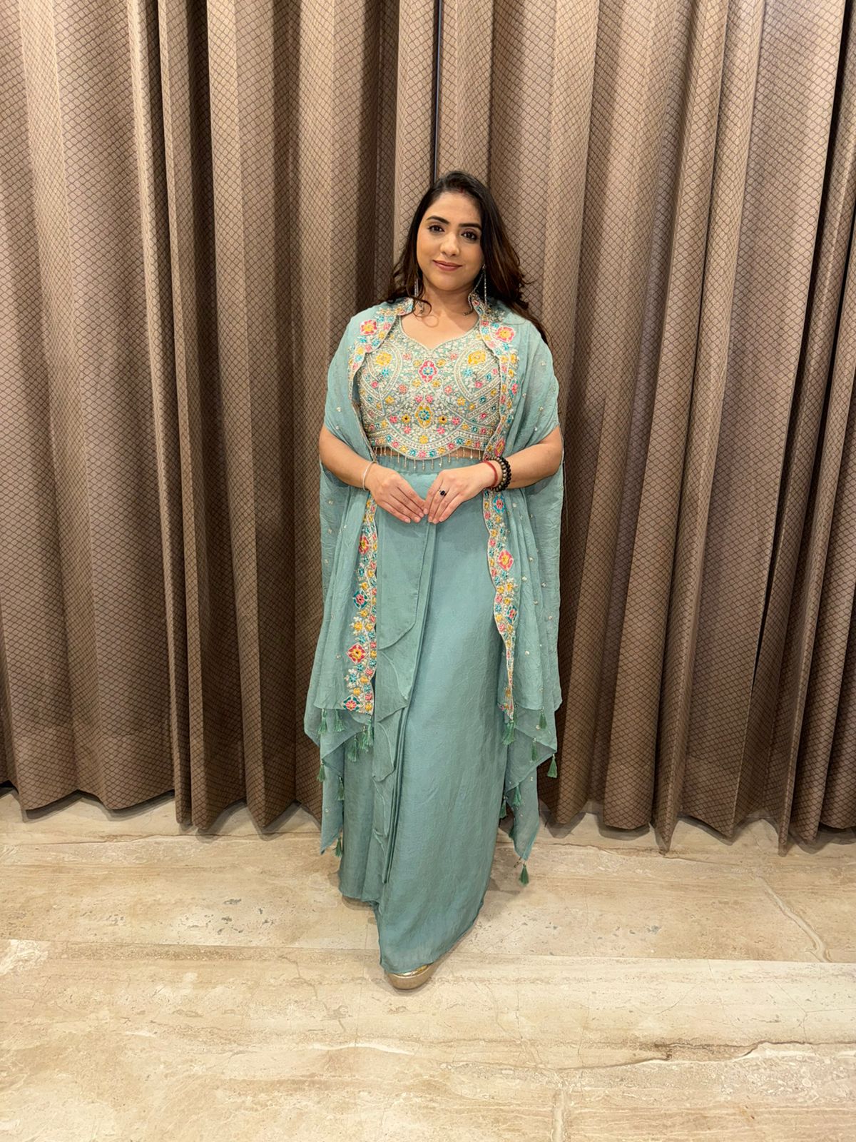 Pastel Green Embroidered Crop Top and Skirt Set with Cape