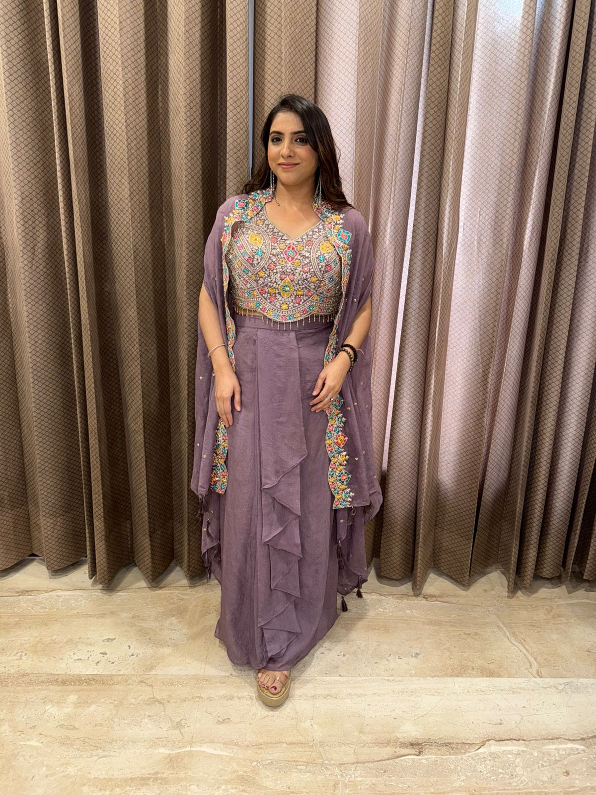 Mauve Embroidered Crop Top and Skirt Set with Cape